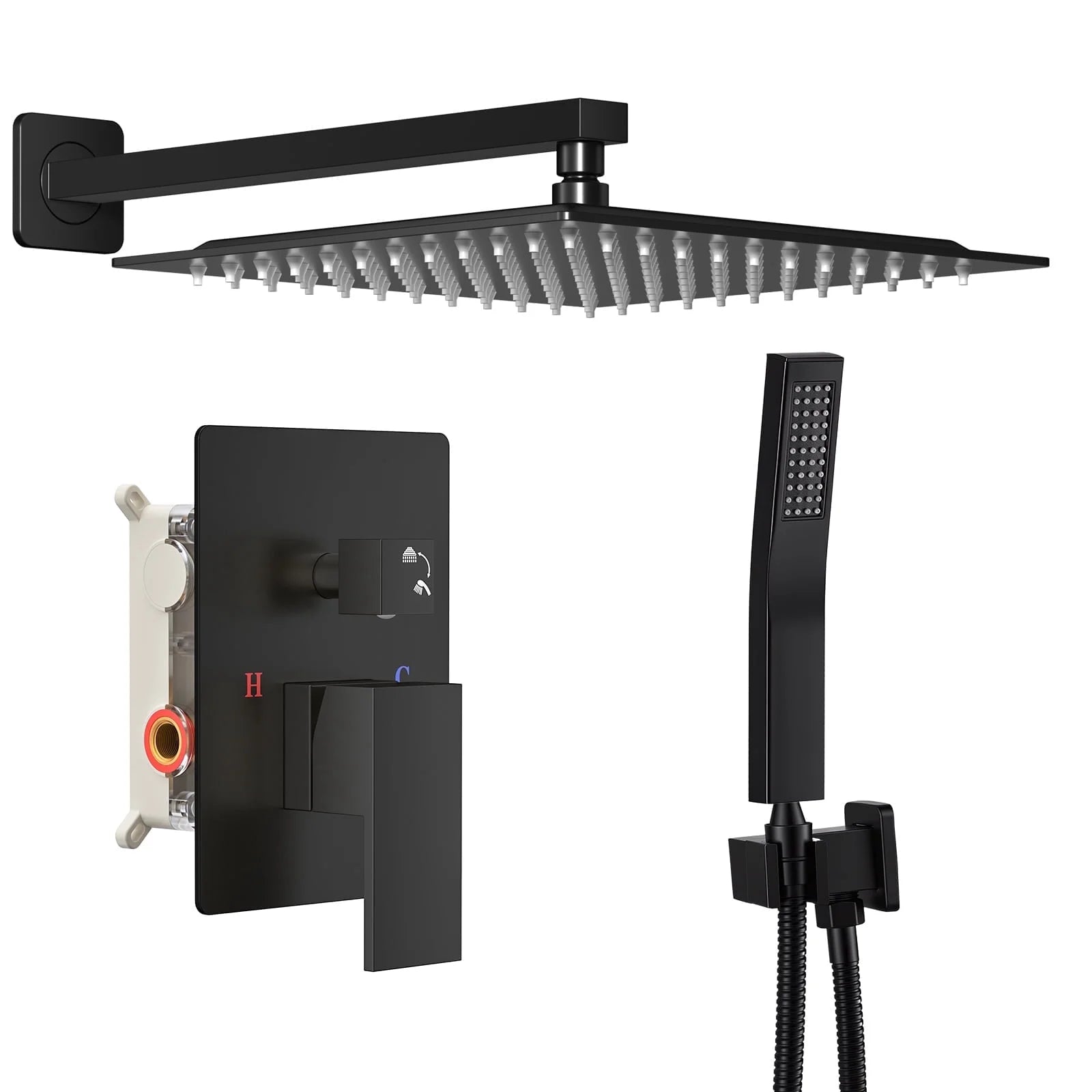 EDX Shower Faucet Set, Square Rainfall Shower Head and Handle Set, Wall Mounted, Pressure Balance Valve