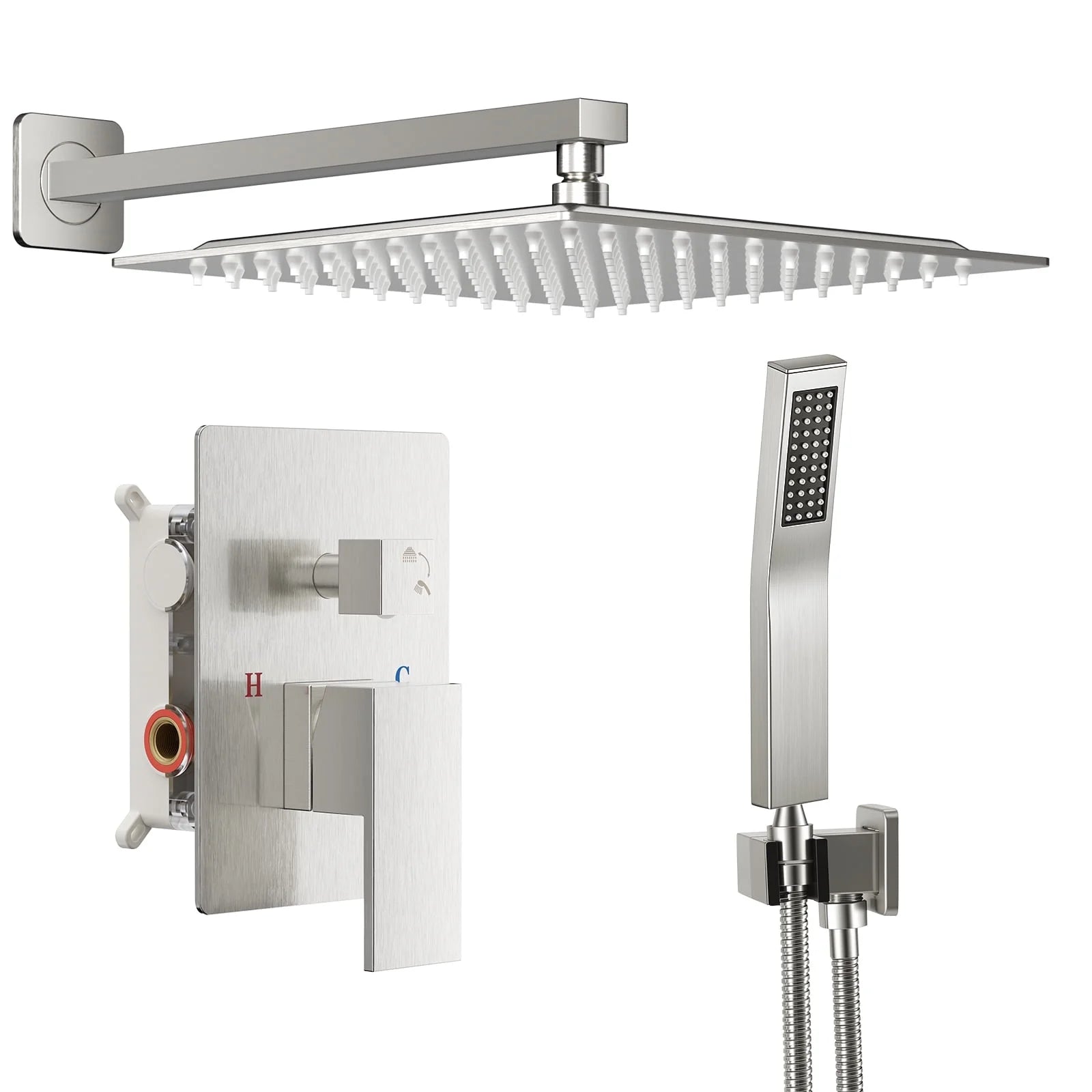 EDX Shower Faucet Set, Square Rainfall Shower Head and Handle Set, Wall Mounted, Pressure Balance Valve