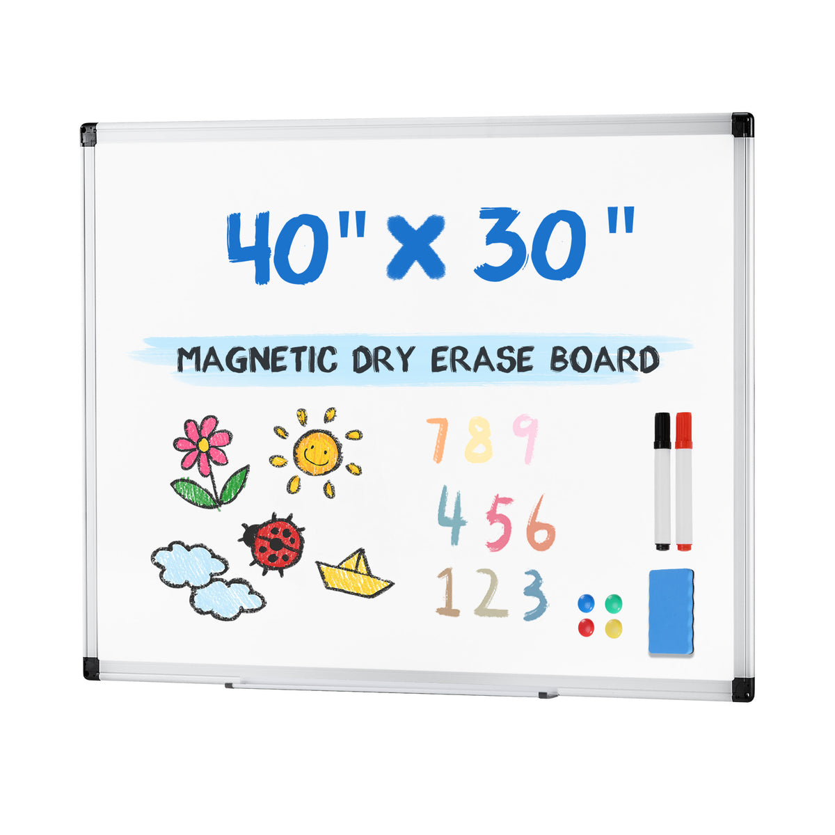 Gianna Magnetic Dry Erase Board, Two Mounting Options, Horizontal or Vertical,With Left and Right Removable Pen Tray, Silver Aluminium Frame, White