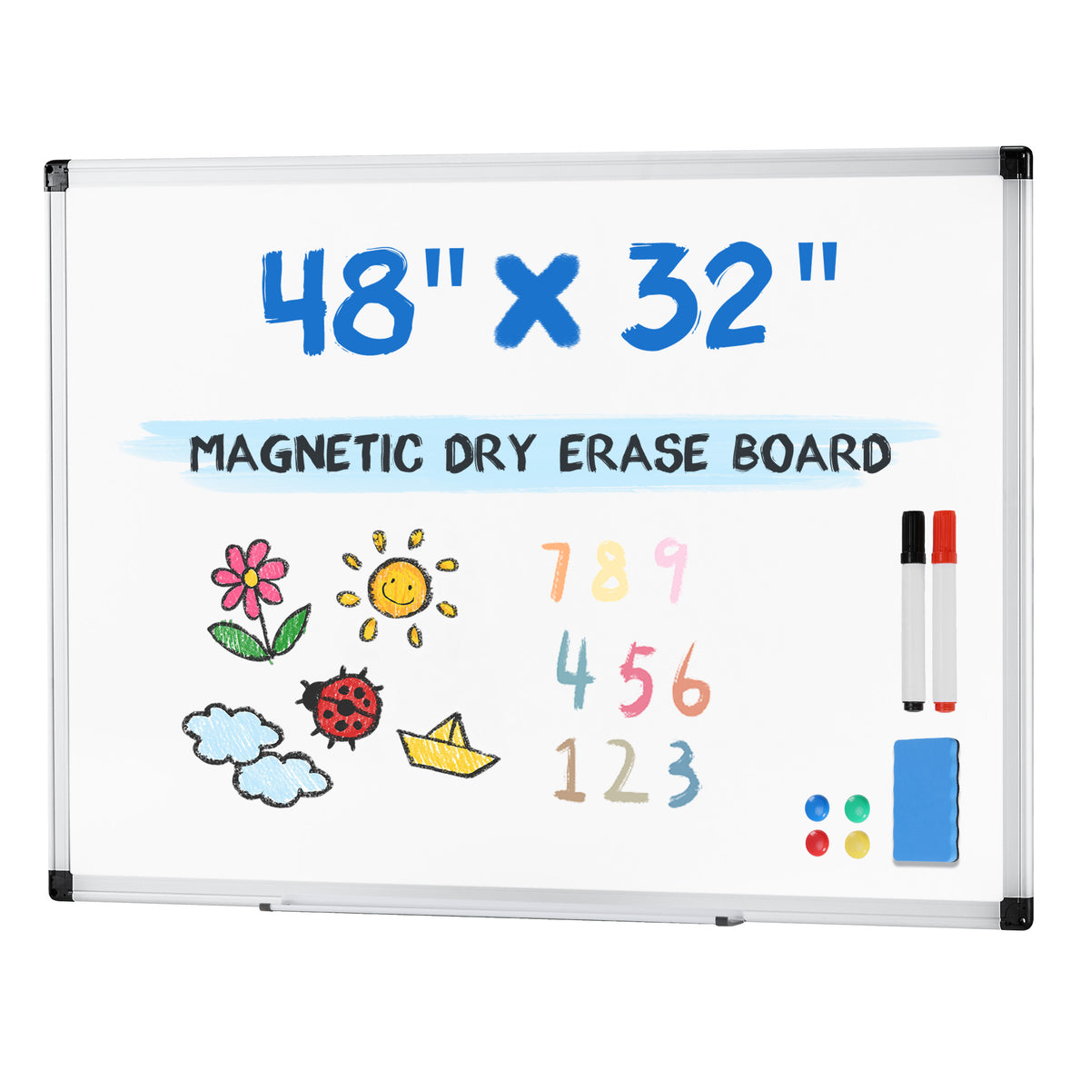 Gianna Magnetic Dry Erase Board, Two Mounting Options, Horizontal or Vertical,With Left and Right Removable Pen Tray, Silver Aluminium Frame, White