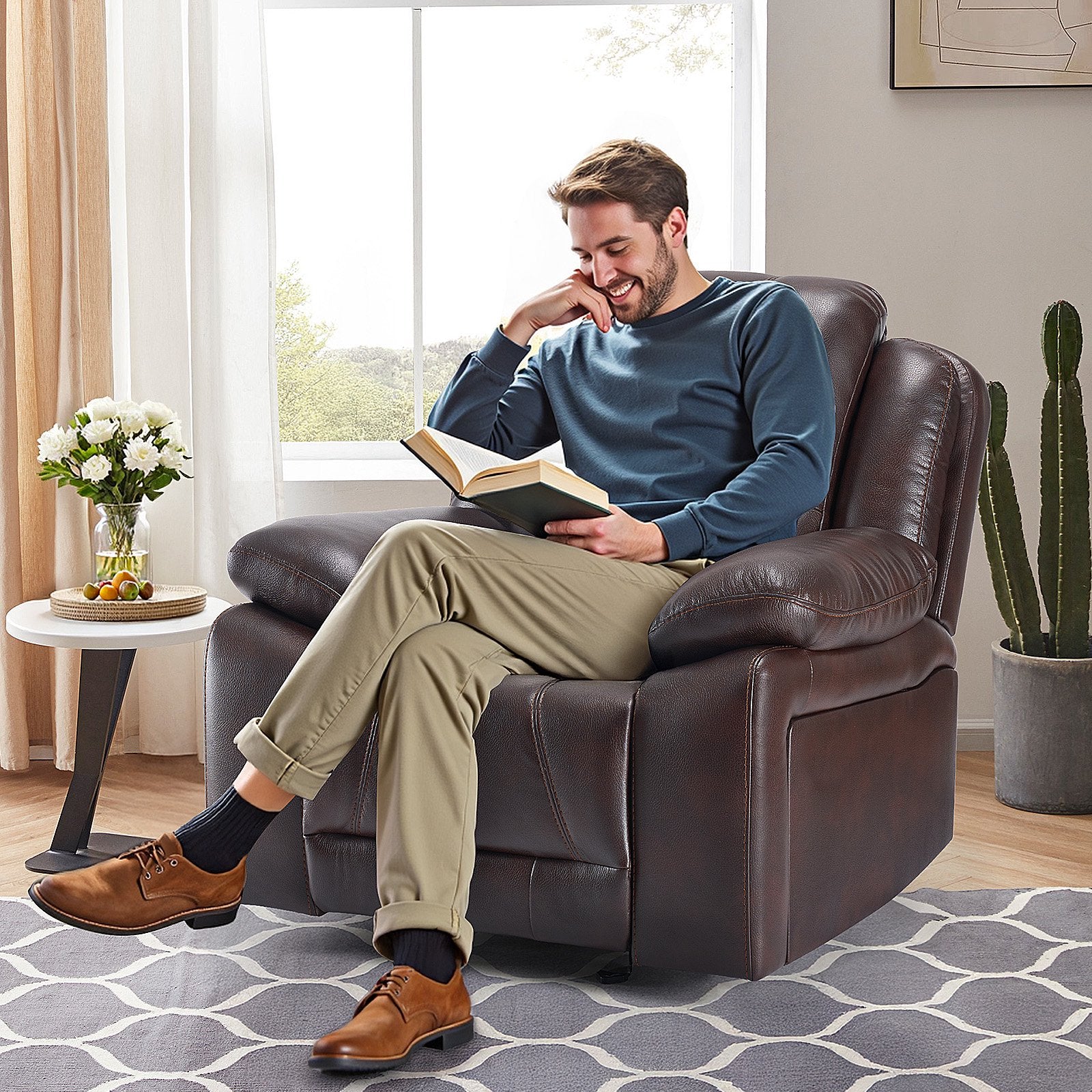 EDX Breathable Vegan Leather Recliner Chair, Lay Flat Recliner For The Elderly, Recliner Sofa for Living Room Home Theater Seating