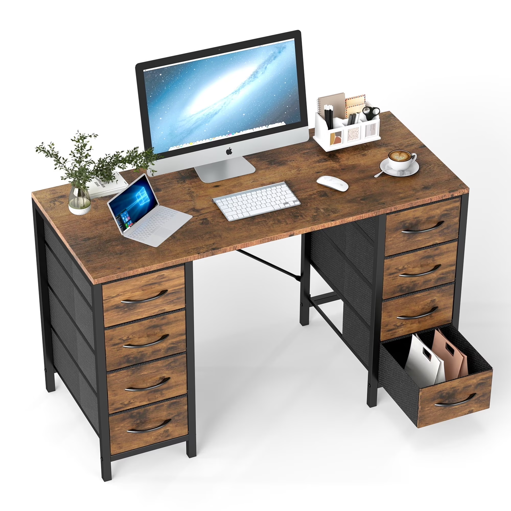 EDX 47 Inch Computer Desk with 8 Fabric Drawer, Home Office Desk with Power Outlets, Large Storage