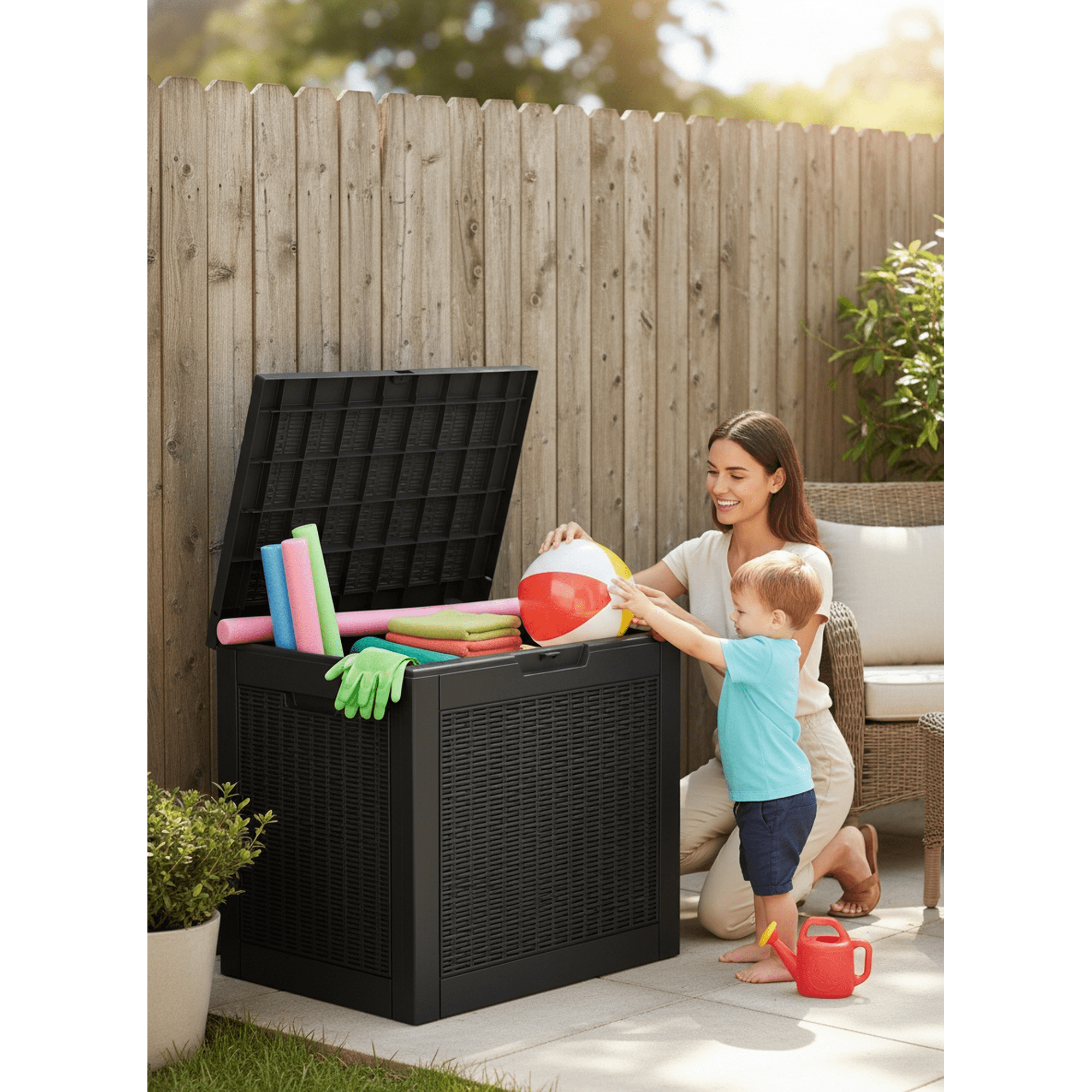 EDX 31-Gallon Outdoor Deck Box, Lockable Lid, 100° Opening, All-Weather Waterproof Resin Storage for Patio & Backyard, 170 lbs Capacity, Black
