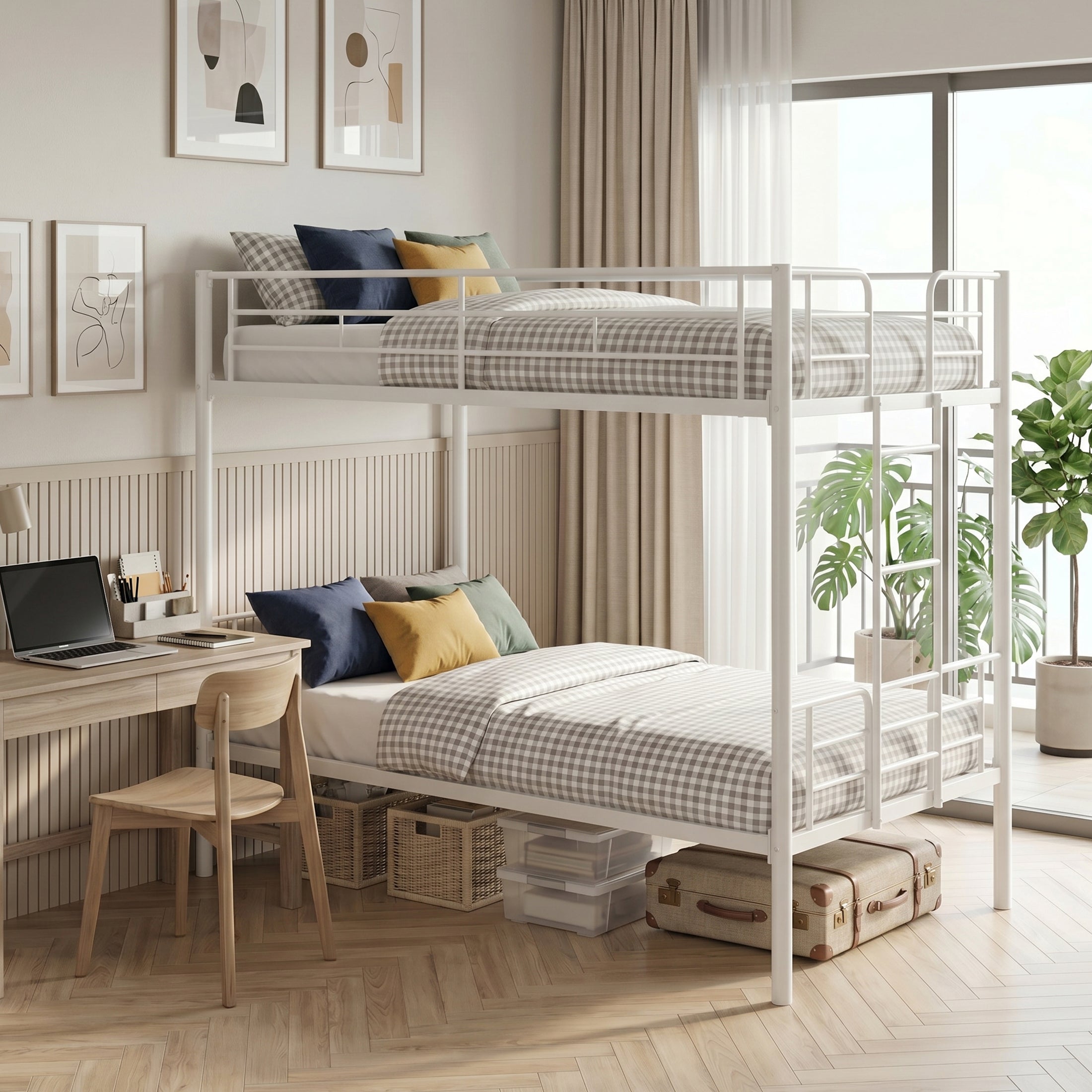 edx Twin Over Twin Metal Bunk Bed with Stairs & Safety Guardrails, Heavy-Duty Steel Frame, No Box Spring Needed, Space-Saving Bunk Beds