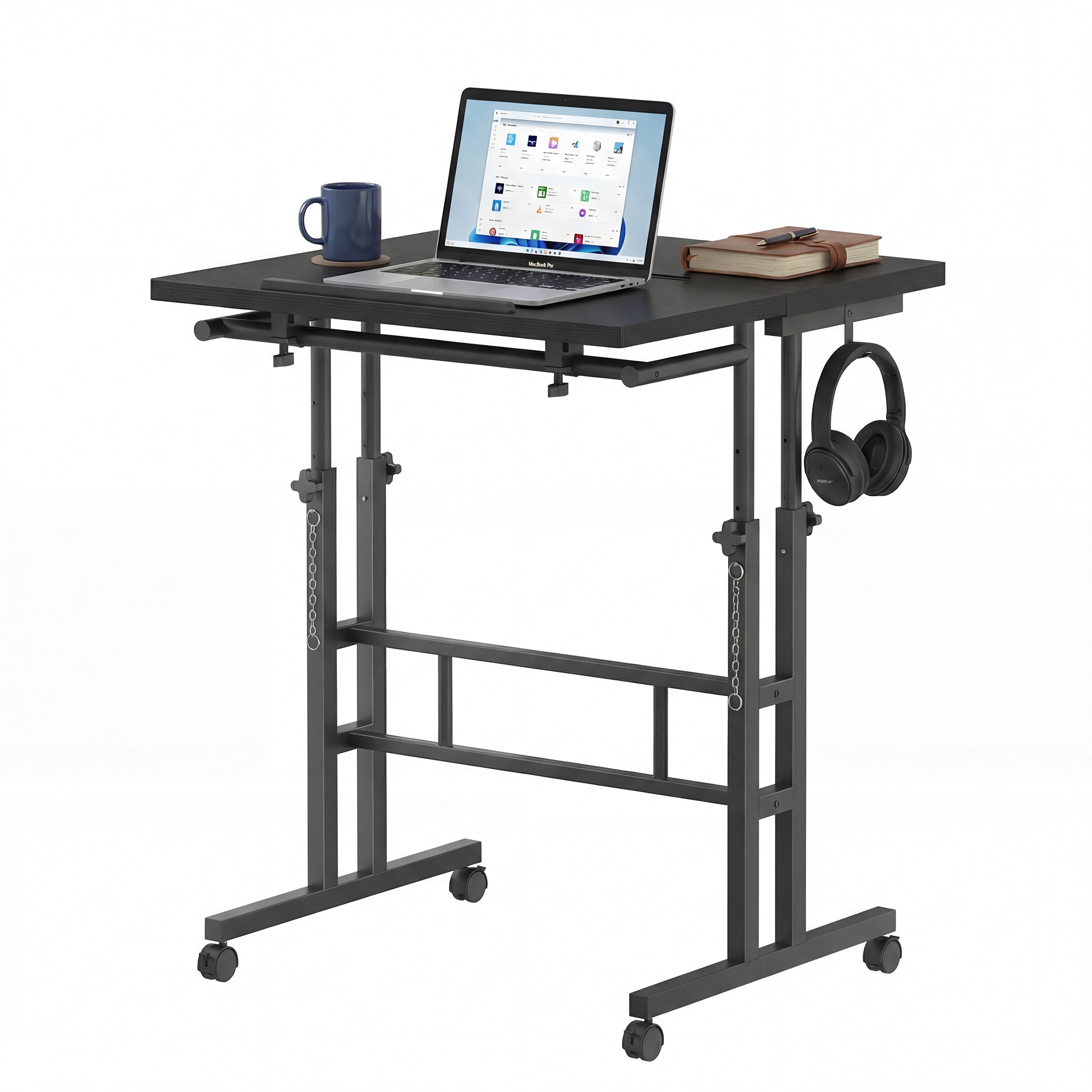 EDX Dual Desktop Height Adjustable Rolling Desk with Wheels, Treadmill Desk for Walking Pad, Mobile Computer Table with Cup Holder for Home Office Bedroom Living Room