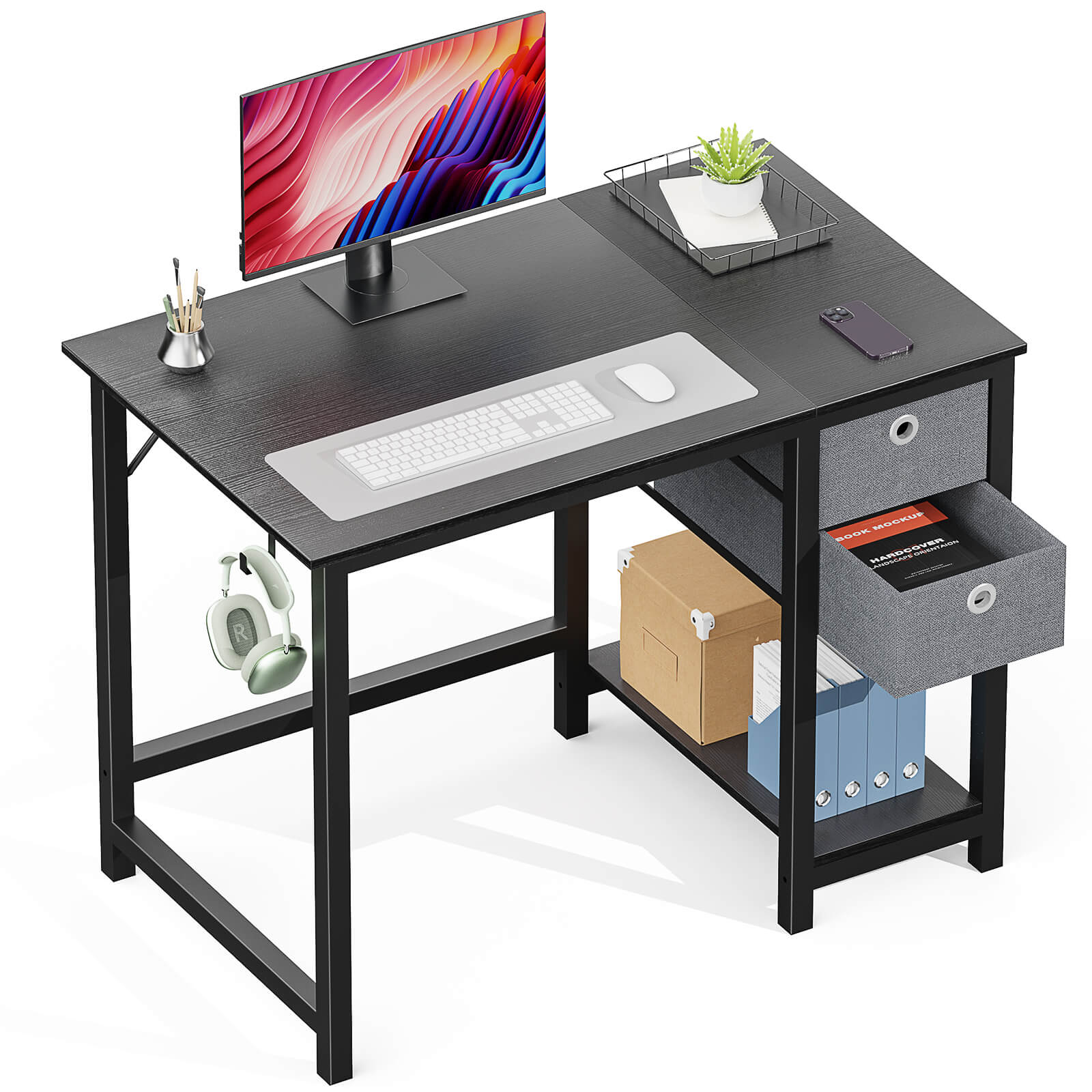 edx Computer Desk -40/47/55 inch Desk Study Desk with 2 Drawer Storage Shelf Headphone Hook for Bedroom, Game Room, Office, Living Room