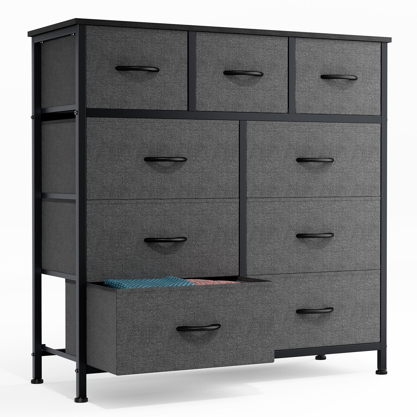 EDX 9 Drawer Dresser, Wide Chest of Drawers Nightstand Storage Tower Storage Fabric Dresser with Wood Top for Living Room, Bedroom, Hallway