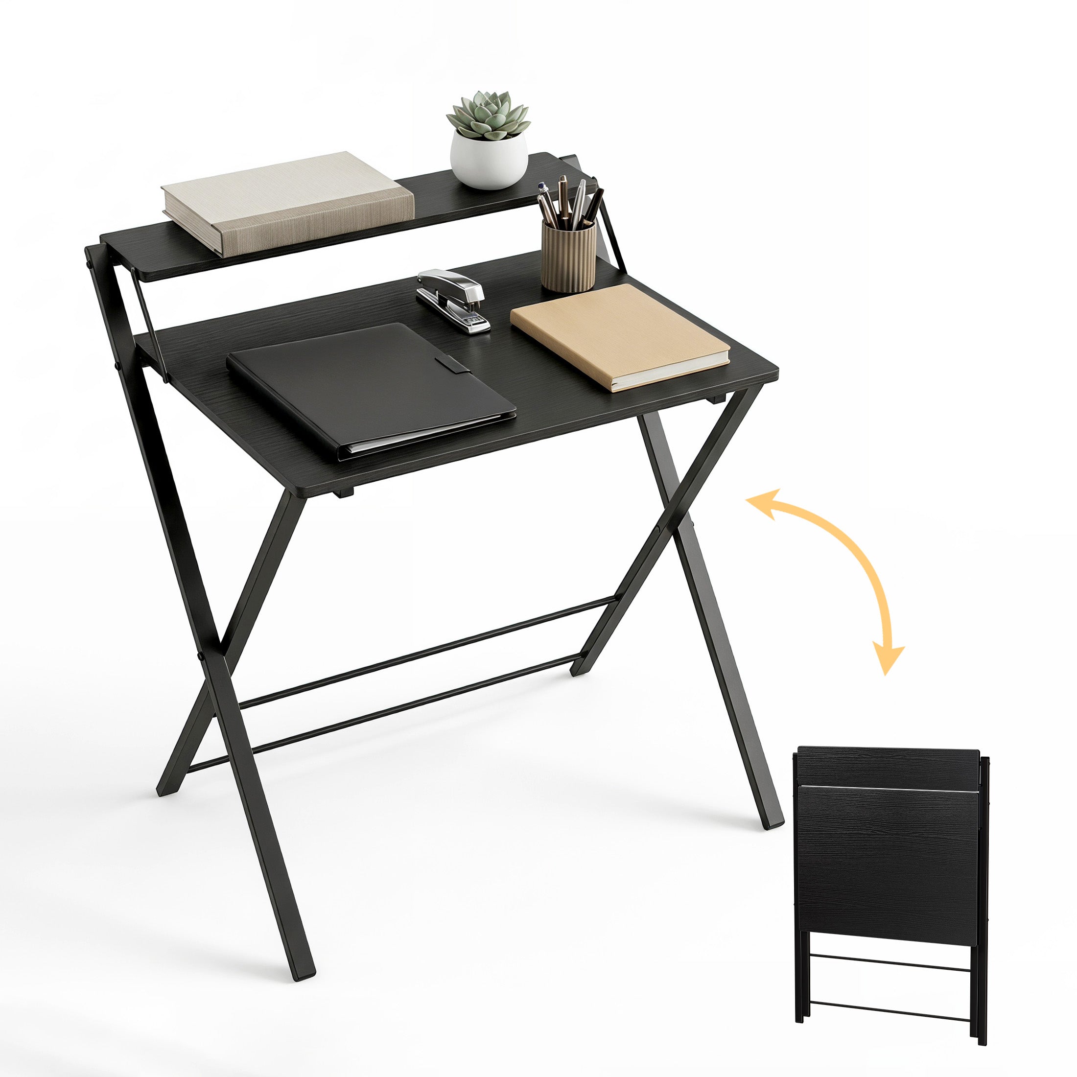 EDX Small Folding Desk with Shelf, No Assembly Compact Computer Table for Narrow Spaces, Portable Study Workspace for Bedroom and Office