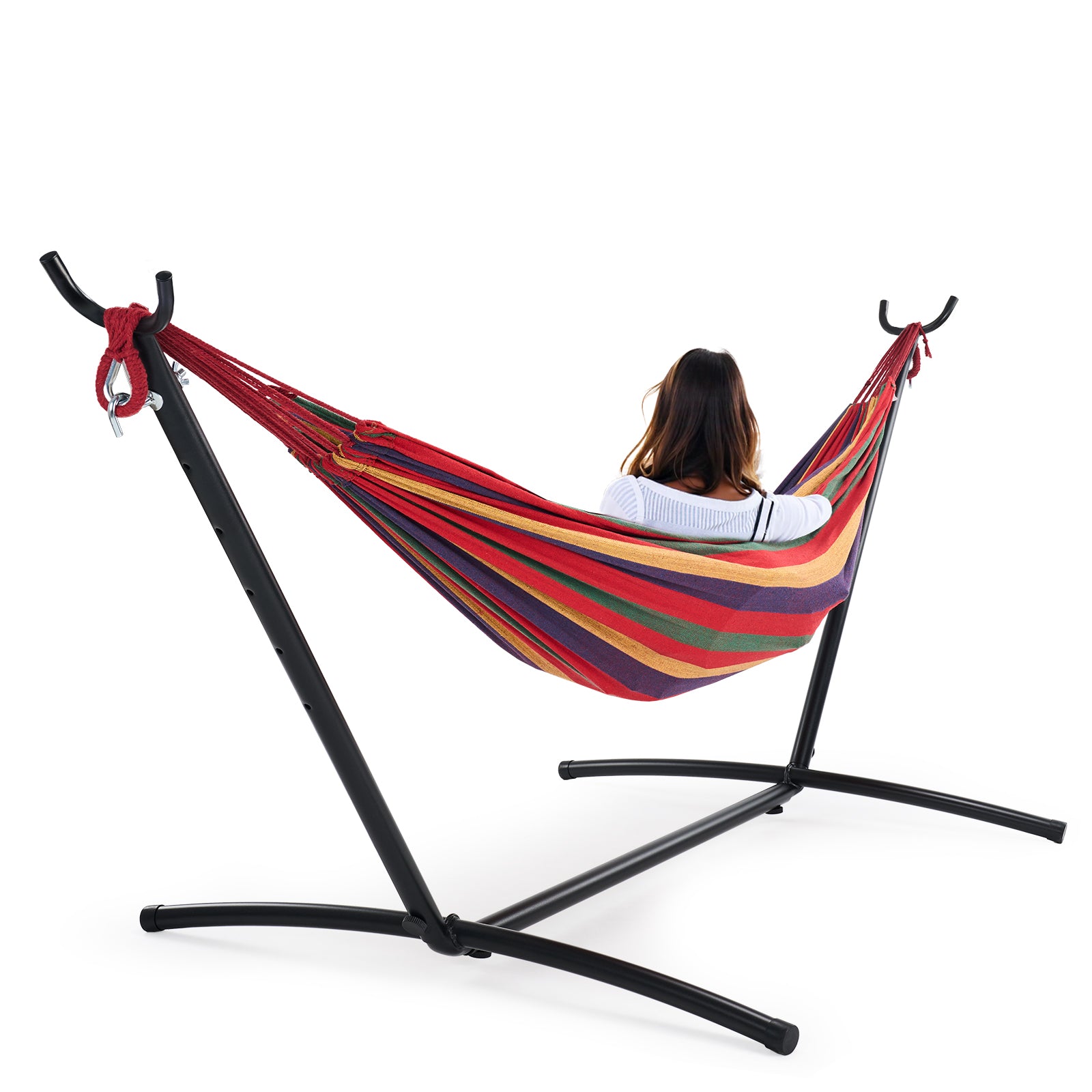 EDX Double Hammock with Space Saving Steel Stand, 2 Person Heavy Duty Outdoor 450lb Capacity Standing Hammocks, Upgraded Polyester End Strings, Portable Carrying Bag Included