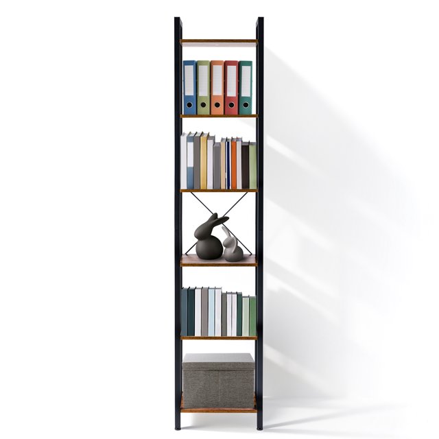EDX Narrow Bookshelf Tall Skinny Bookcase 6 Tier Storage Rack Rustic Corner Shelf Metal Frame Small Freestanding Bookshelves Industrial Display Stand for Bedroom, Living Room, Home Office,Rust