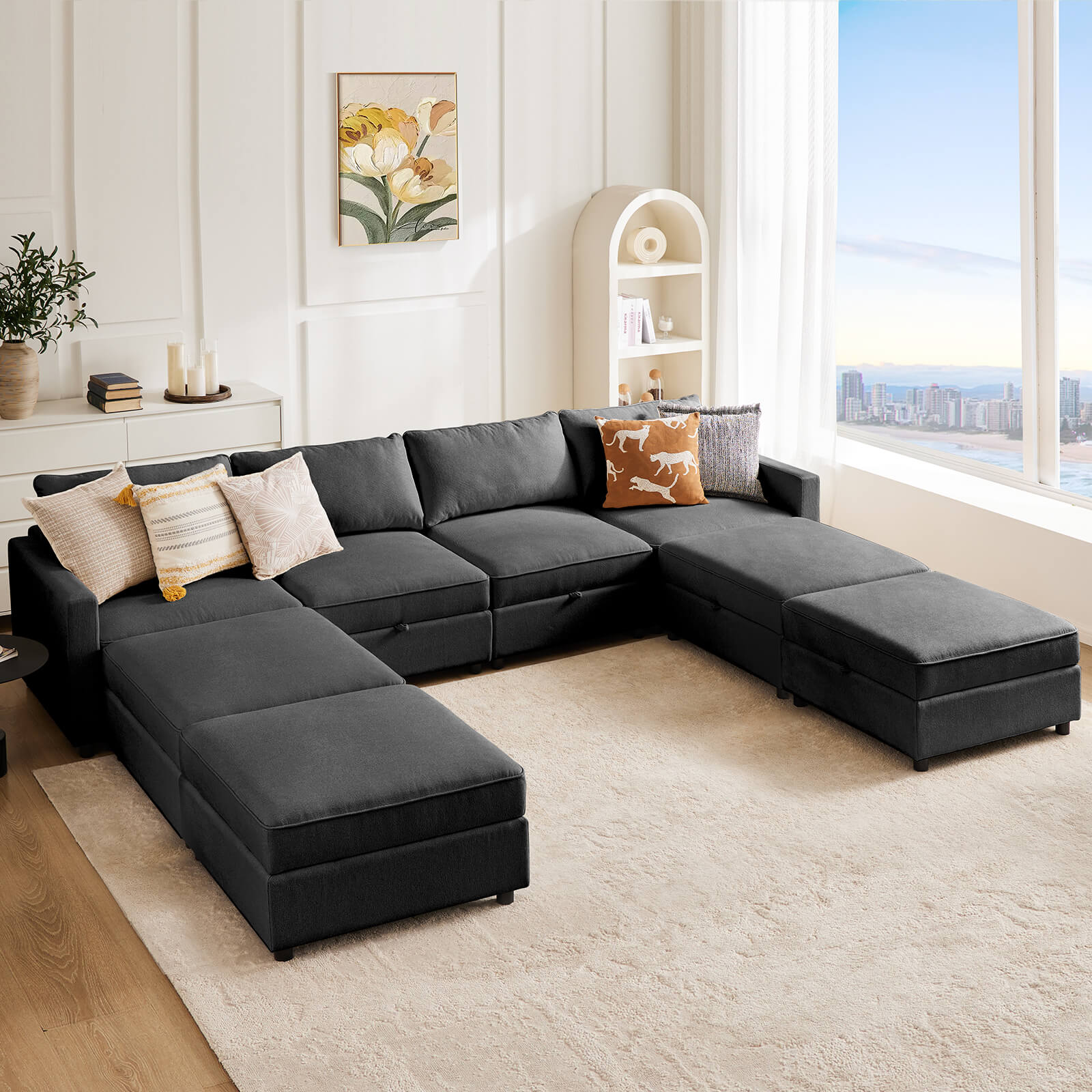 edx Convertible Sectional Sofa Couch-with Storage for Living Room, U-Shaped Modern Modular Sofa Sleeper with Reversible Chaise