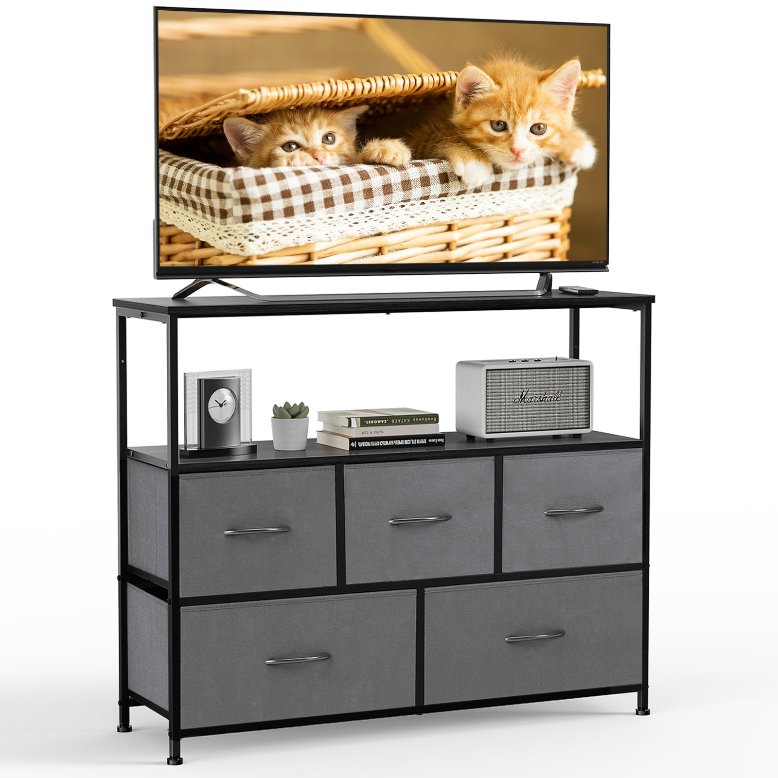 ZUNMOS TV Stand with 5 Drawer Dresser Open Shelves