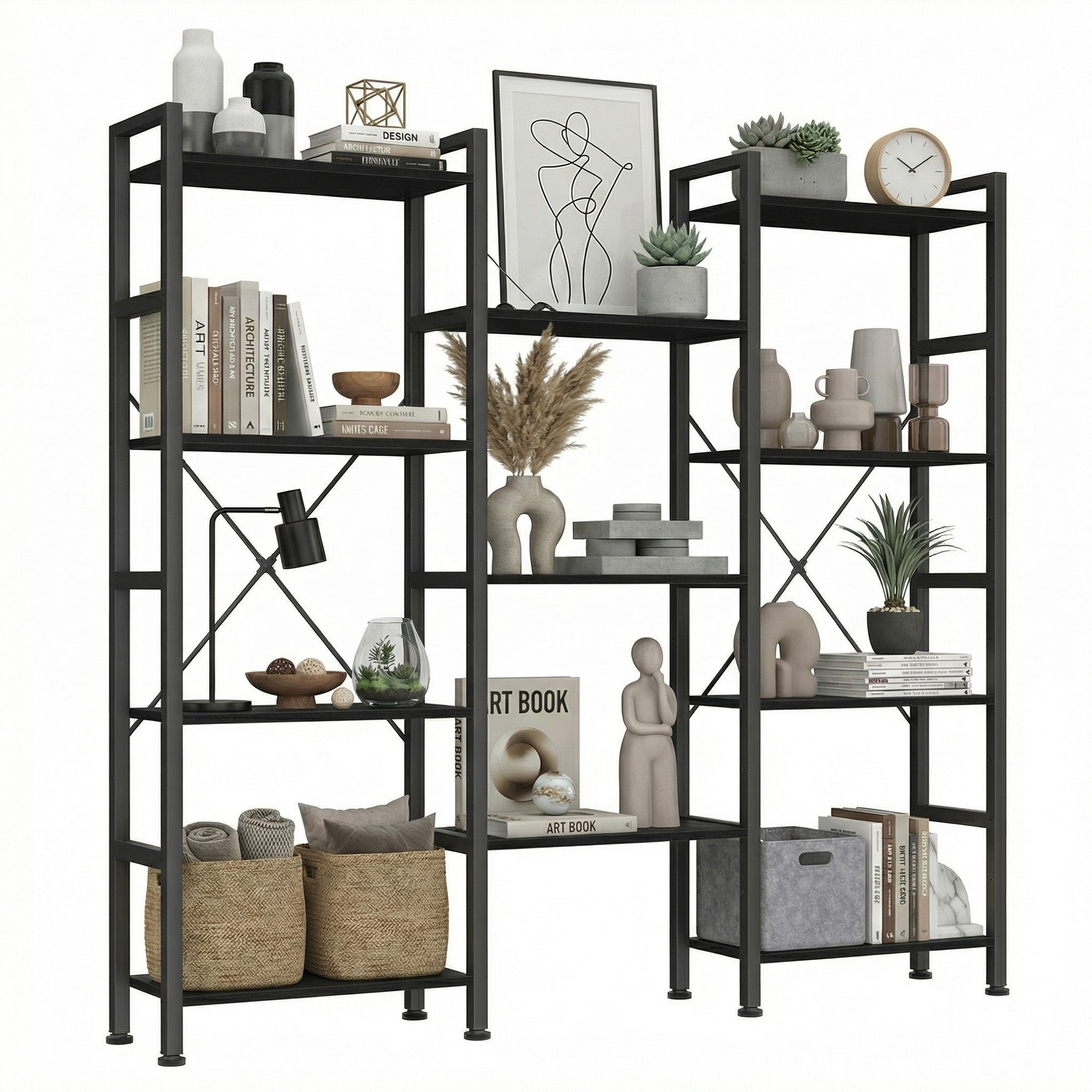 EDX Triple 4 Tier Bookshelf Storage Shelf, Modern Freestanding Bookcase with Metal Frame, Open Display Shelves, Space Saving Storage Organizer