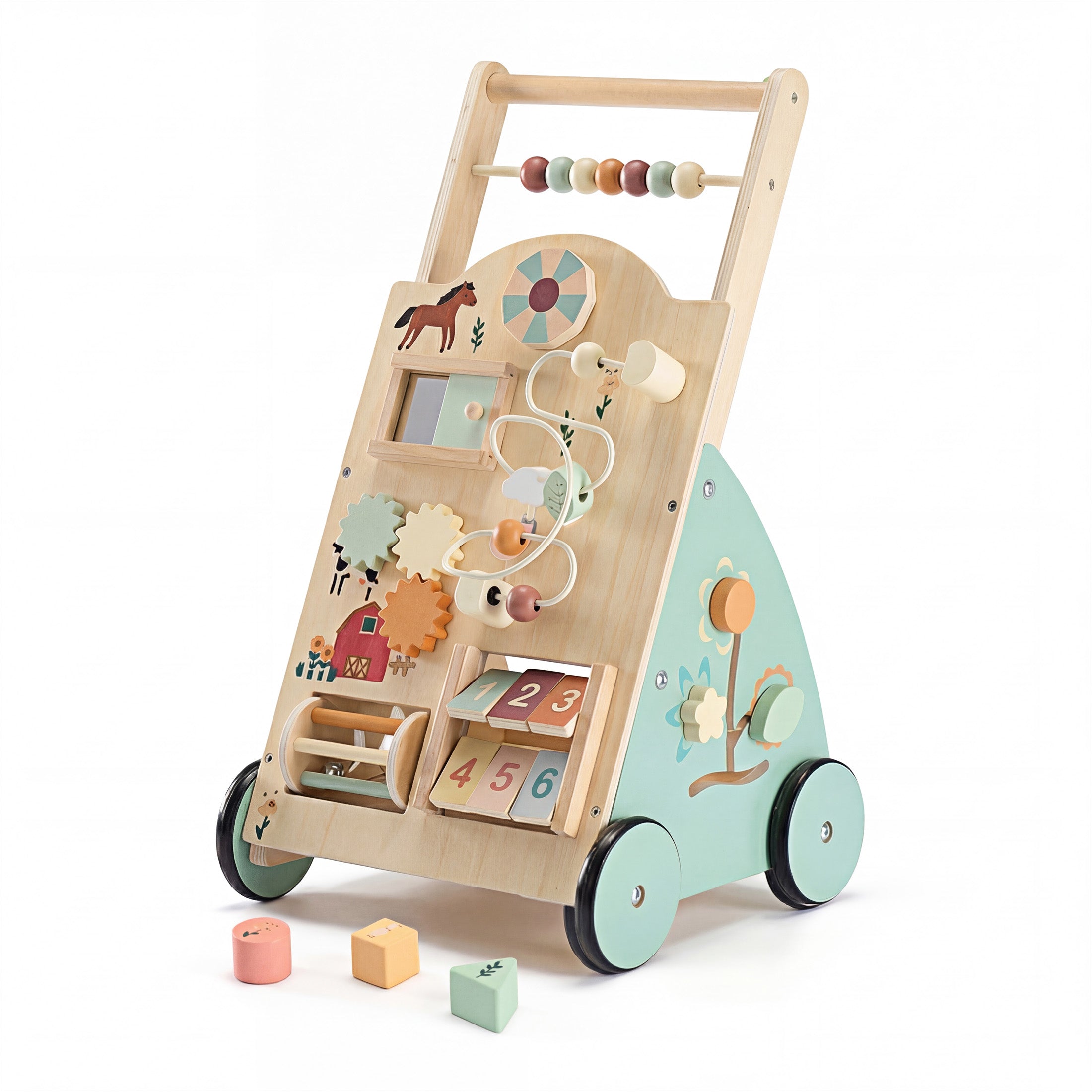 EDX Wooden Baby Walker, Adjustable Speed Montessori Learning Toy with Activity Center, Silent Rubber Wheels for Babies 12 Months
