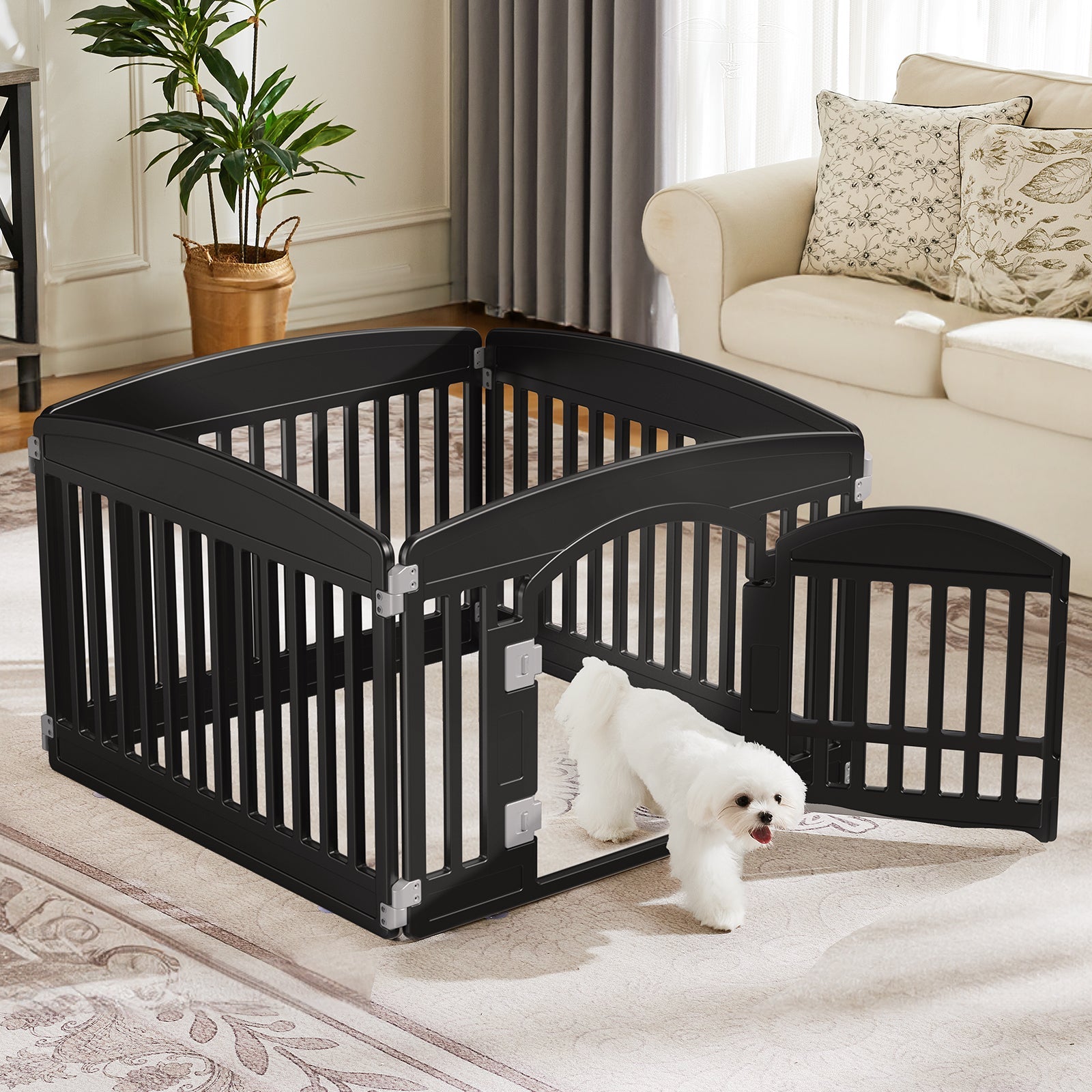 edx Dog Playpen, 4-Panel 24" Foldable Pet Playpen with Door, Indoor/Outdoor Puppy Pen, Customizable, White