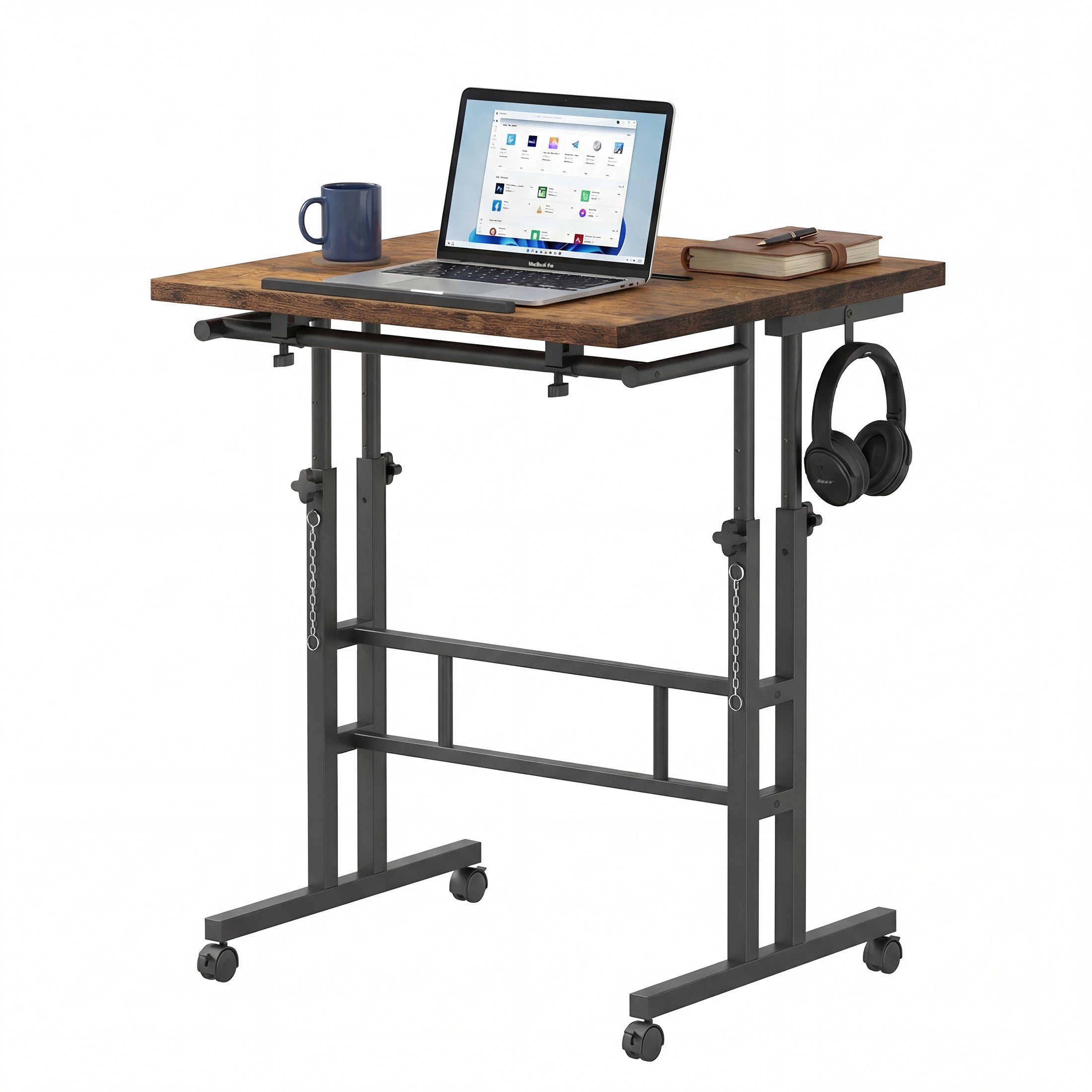EDX Dual Desktop Height Adjustable Rolling Desk with Wheels, Treadmill Desk for Walking Pad, Mobile Computer Table with Cup Holder for Home Office Bedroom Living Room