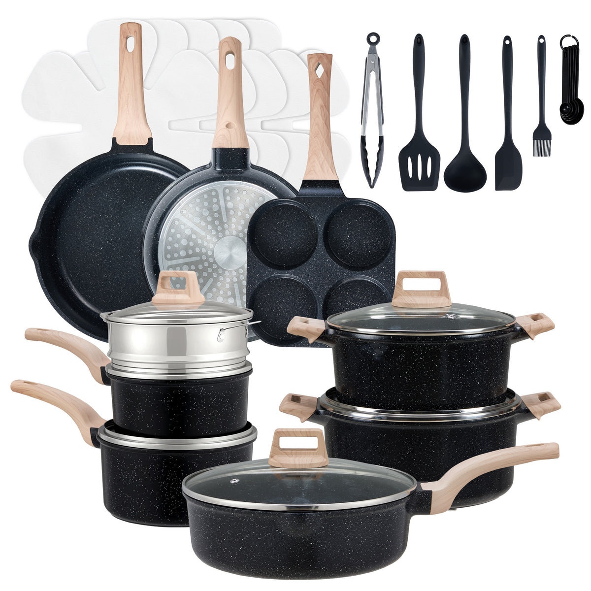 Gianna 25-Piece Non-Stick Ceramic Granite Cookware Set with Stay-Cool Handles, Induction Compatible Pots and Pans Set for Healthy Cooking,Black