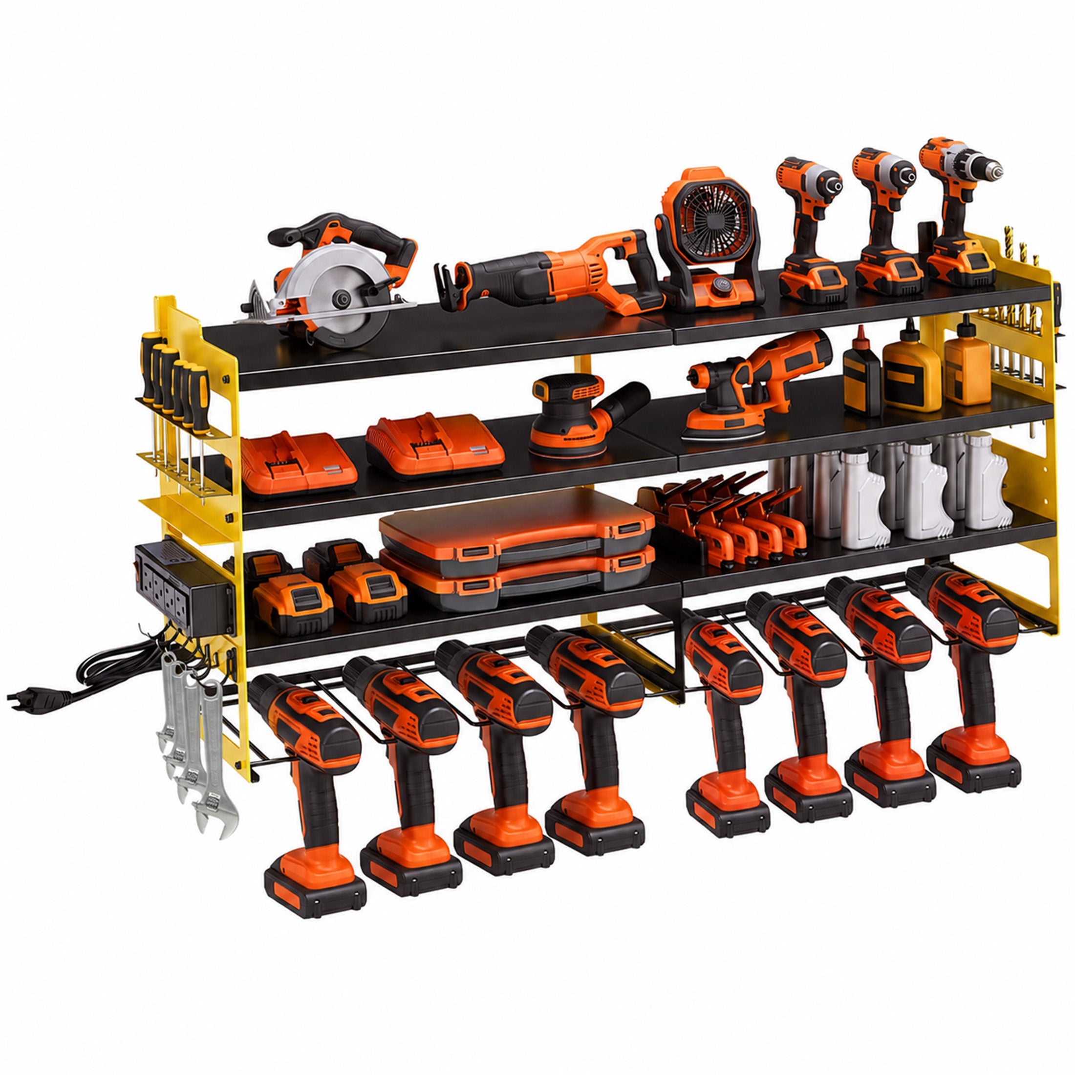 EDX Heavy Duty 4-Tier Power Tool Organizer Wall Mount, Garage Storage Rack with 8 Built-in Drill Holders and 4 AC Outlets, Ideal for Workshop, Tool Room, and Home Garage, 600 LBS Capacity