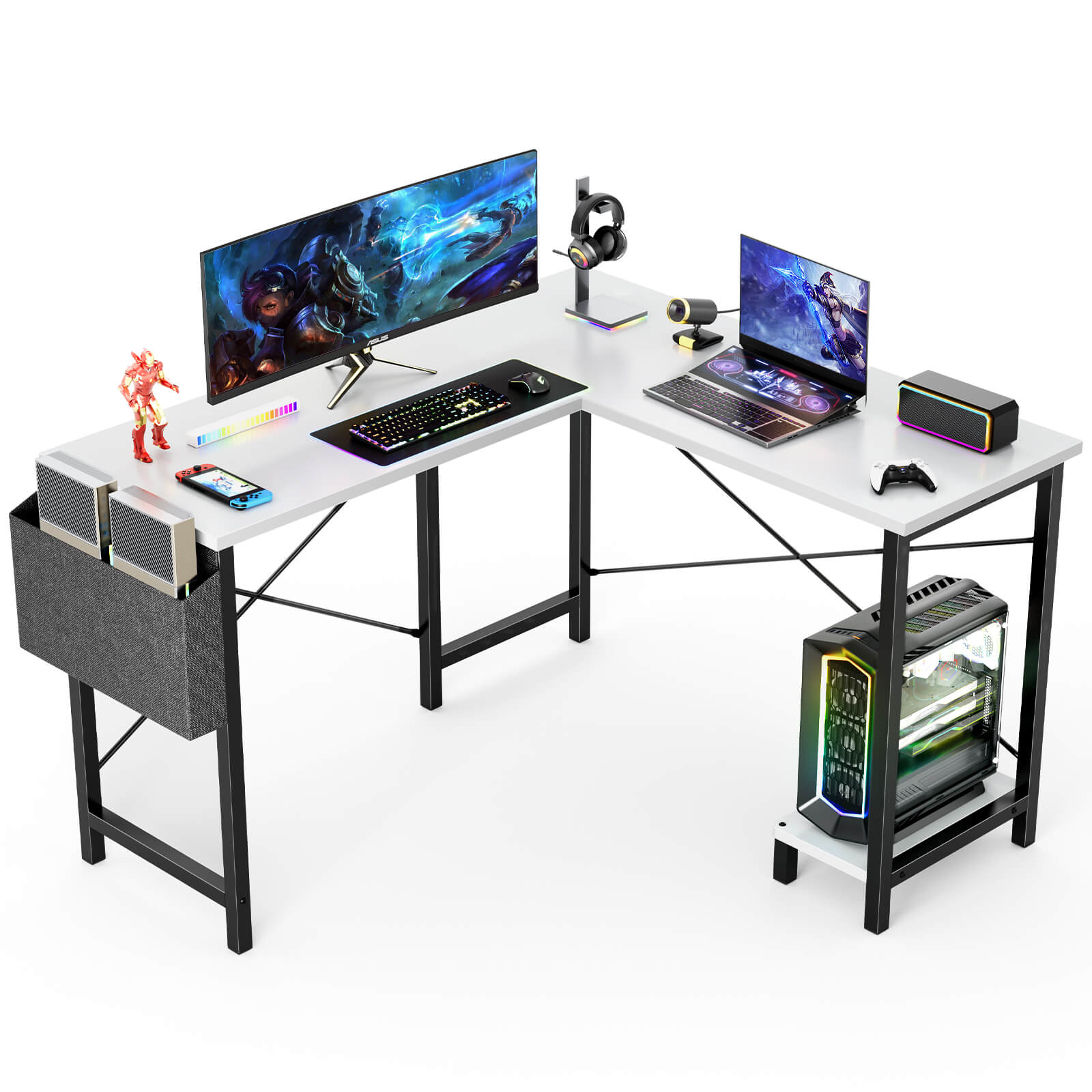 edx L-Shaped Computer Desk - 50" Corner Gaming Table with Console Shelf and Side Storage Pocket for Office, Bedroom, Living Room