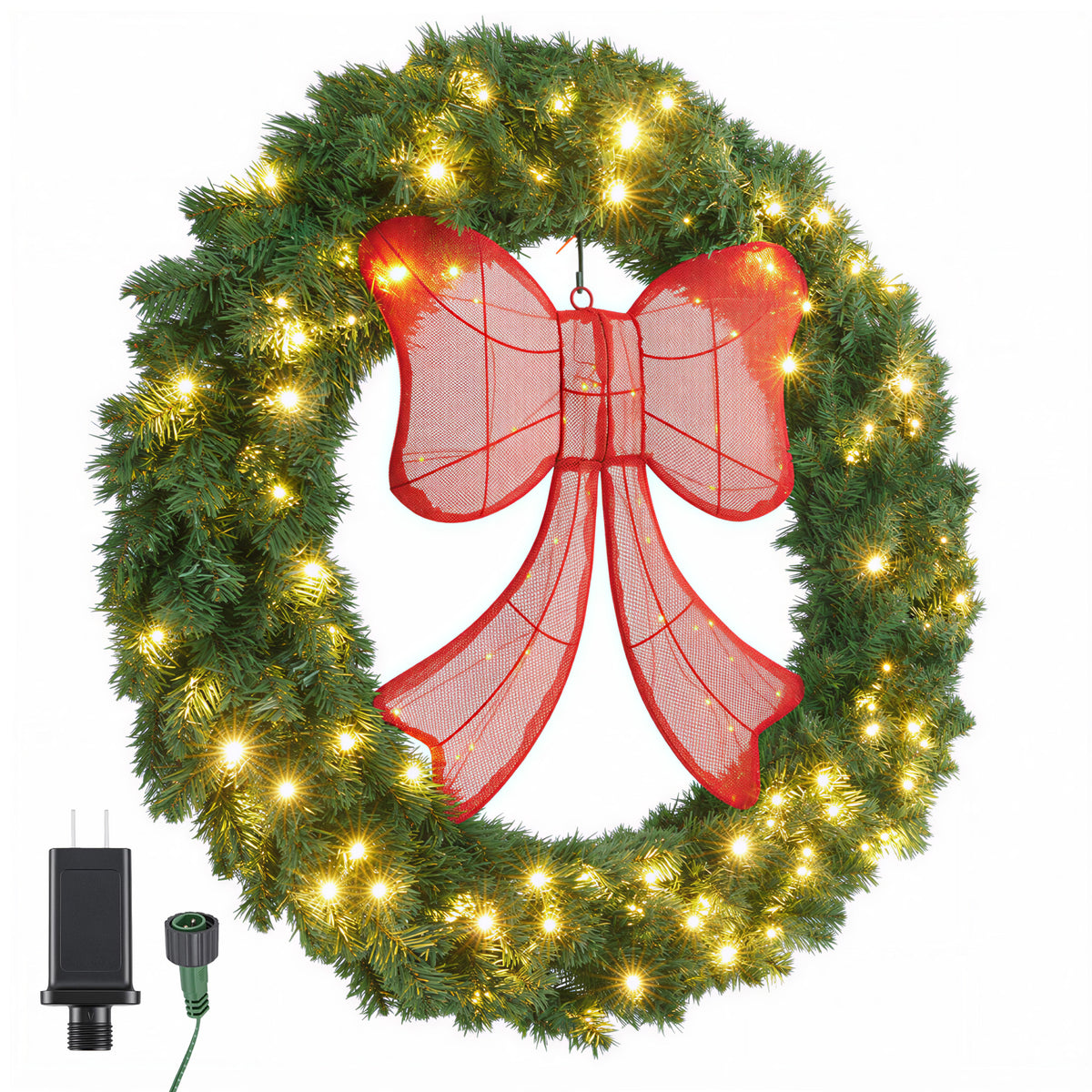 EDX Pre-Lit Christmas Wreath, Artificial Pine PVC Wreath with 130 Warm White LED Lights and Decorative Bow, Christmas Door Decor