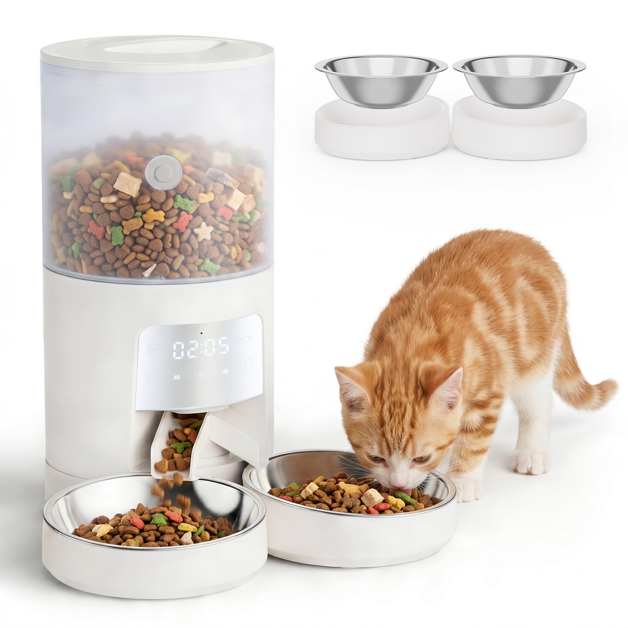 EDX 6L Automatic Cat Feeder for 2 Cats, Timed Cat Food Dispenser with 2 Stainless Steel Bowls, 10s Voice Recorder & Dual Power, Pet Feeder for Cats & Dogs, White