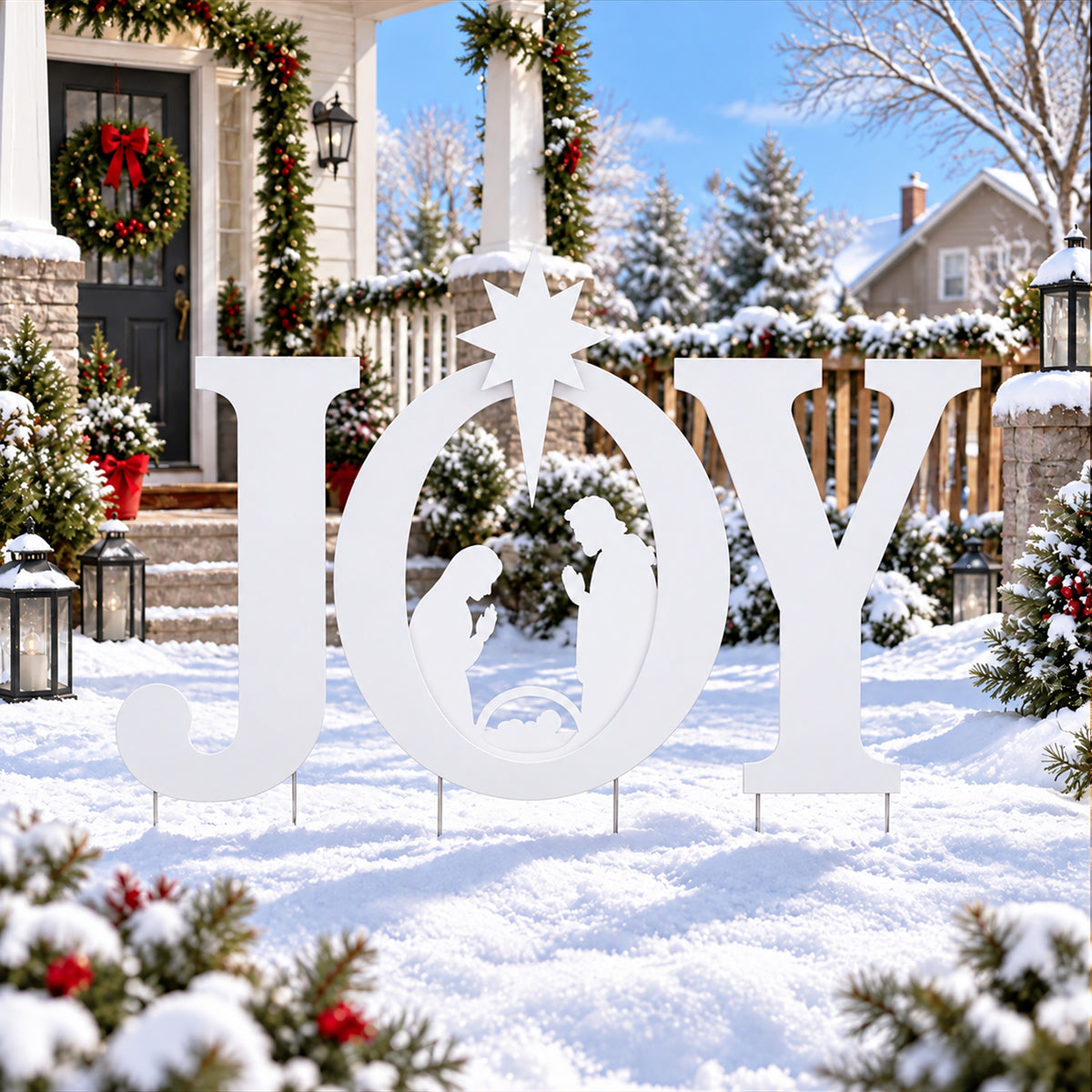 EDX 46in Christmas JOY Yard Decoration, Outdoor Nativity Scene with PVC Letters, Holy Family Silhouette and Ground Stakes for Lawn, Garden and Holiday Decor