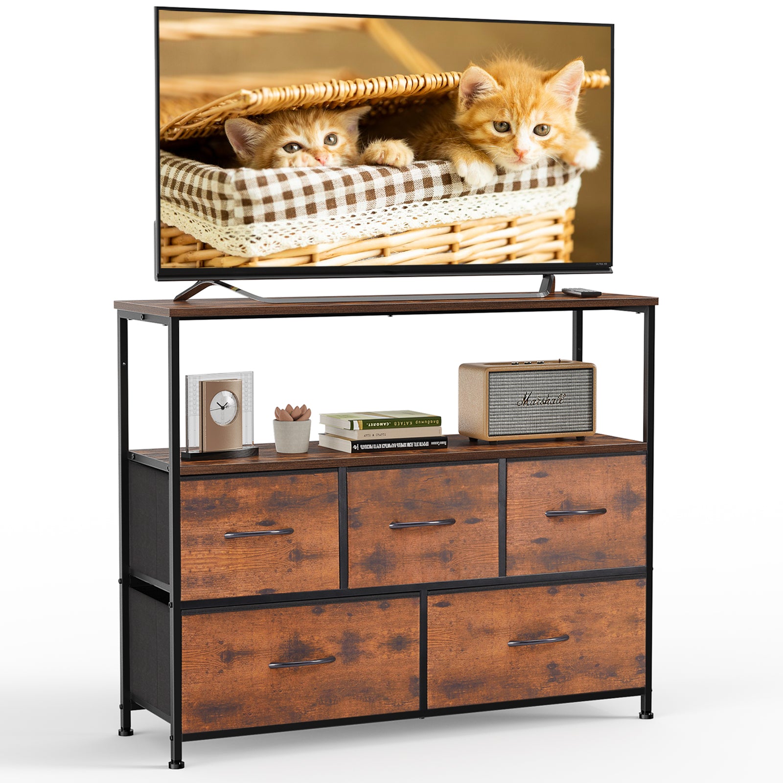 ZUNMOS TV Stand with 5 Drawer Dresser Open Shelves
