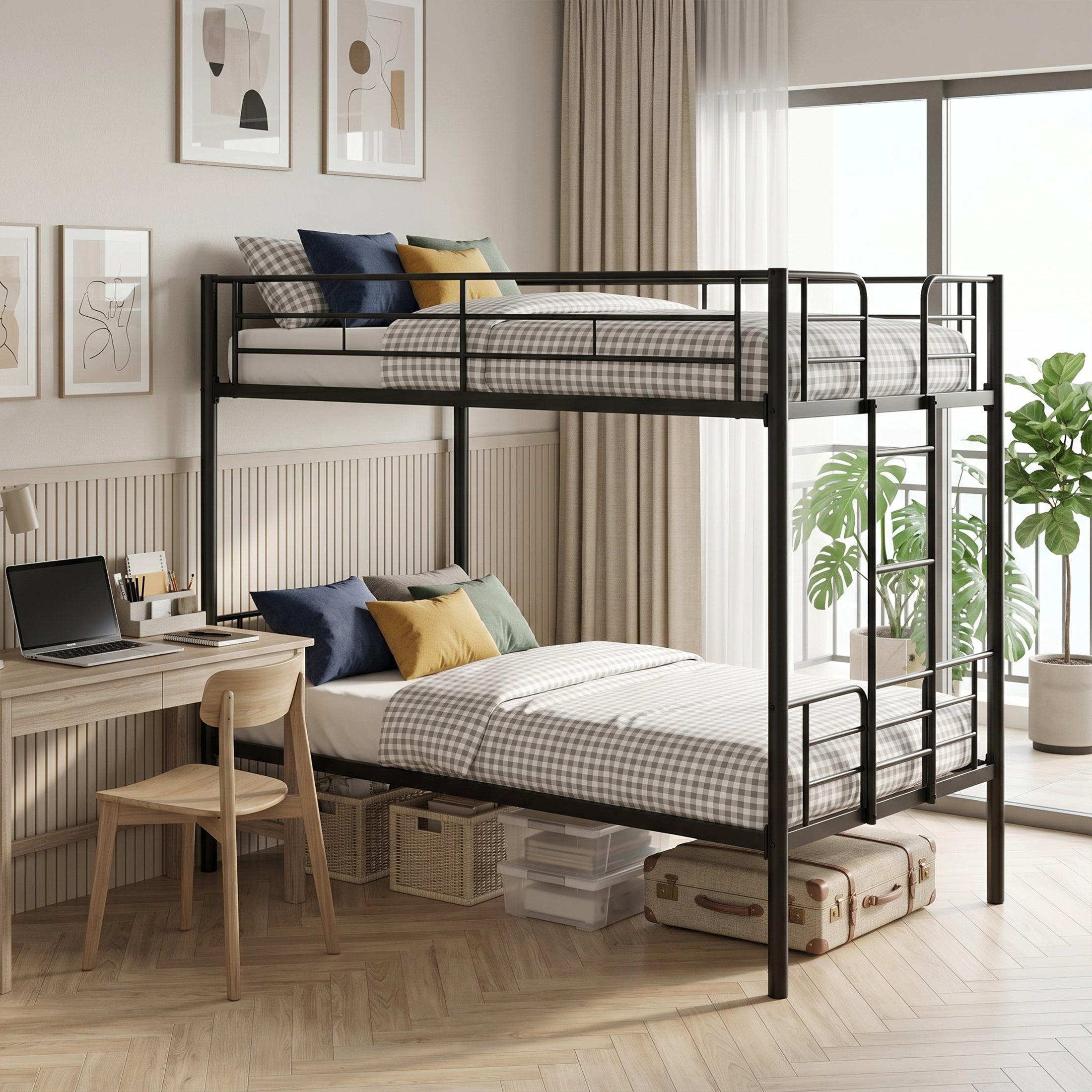 edx Twin Over Twin Metal Bunk Bed with Stairs & Safety Guardrails, Heavy-Duty Steel Frame, No Box Spring Needed, Space-Saving Bunk Beds