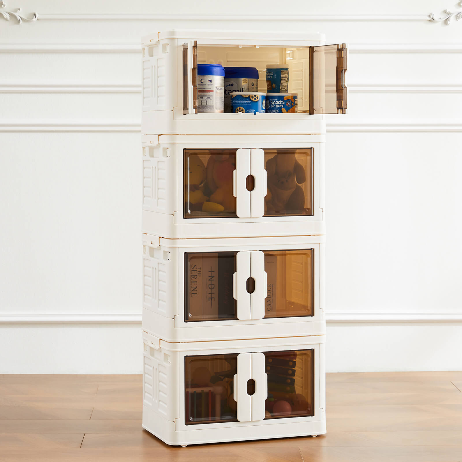 edx Stackable Plastic Storage Bins with Lids -Foldable Storage Boxes with Doors & Wheels, Portable and Lockable Organizer Boxes for Living Room, Bedroom