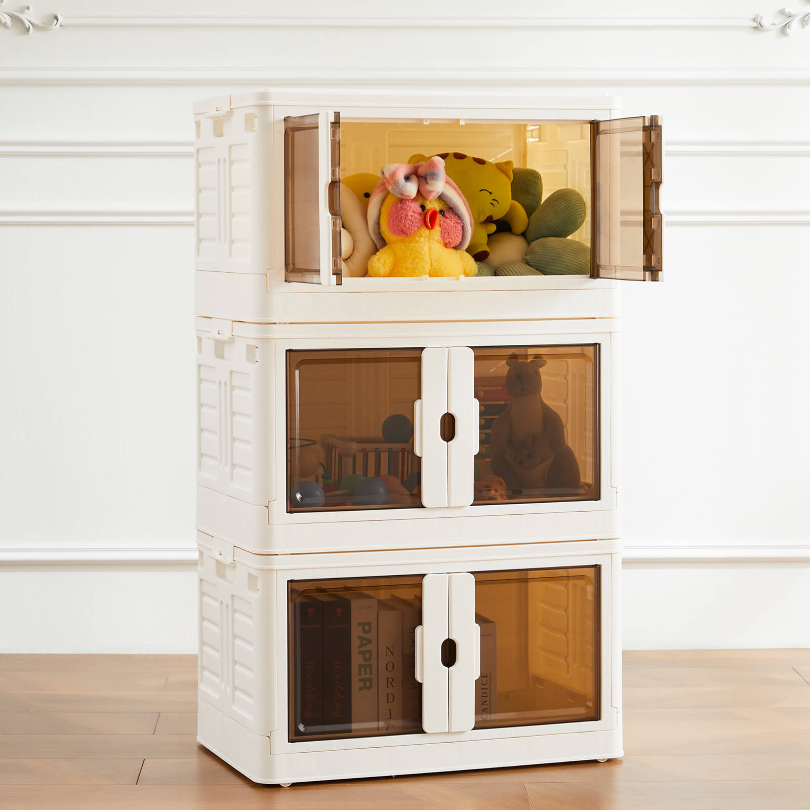 edx Stackable Plastic Storage Bins with Lids -Foldable Storage Boxes with Doors & Wheels, Portable and Lockable Organizer Boxes for Living Room, Bedroom