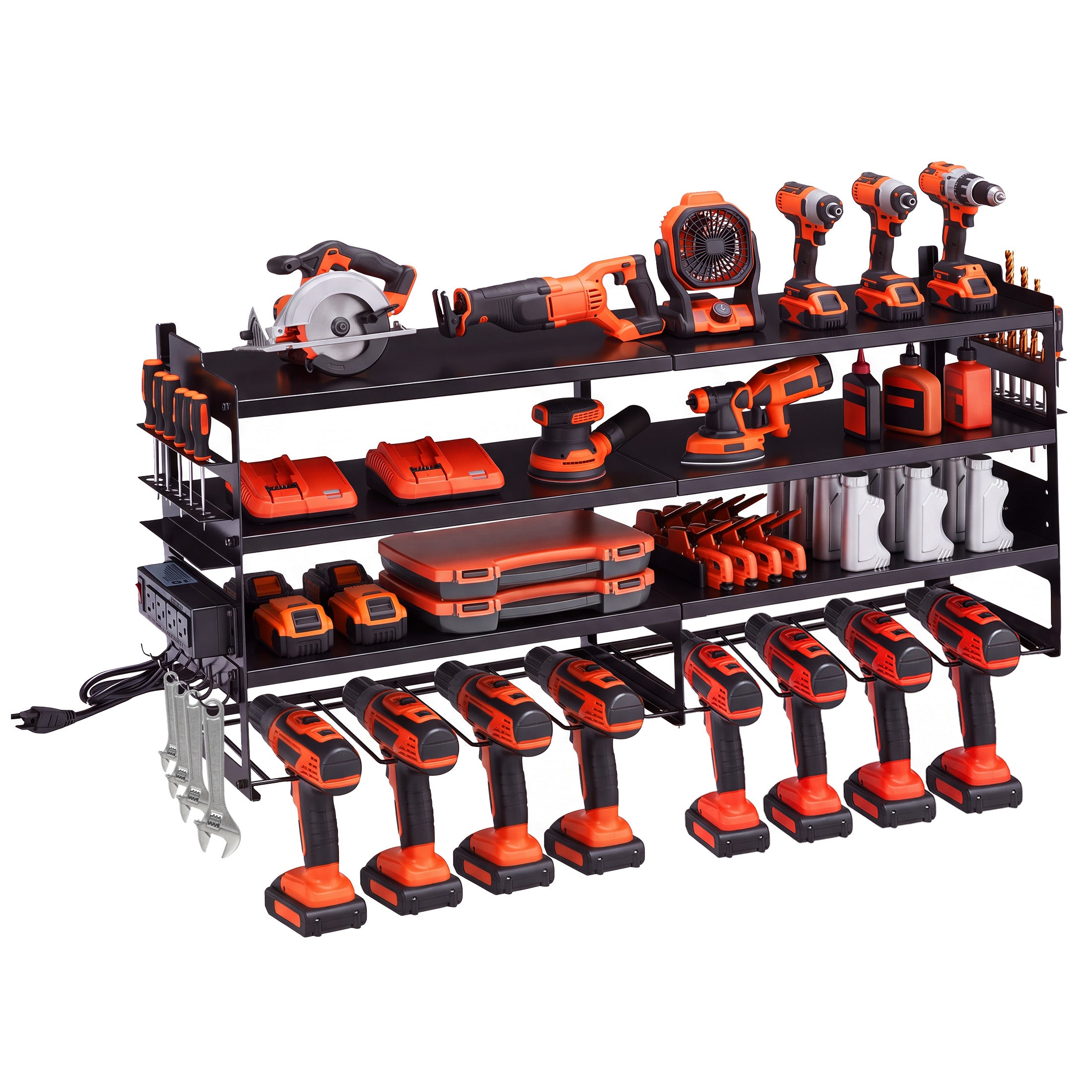 EDX Heavy Duty 4-Tier Power Tool Organizer Wall Mount, Garage Storage Rack with 8 Built-in Drill Holders and 4 AC Outlets, Ideal for Workshop, Tool Room, and Home Garage, 600 LBS Capacity
