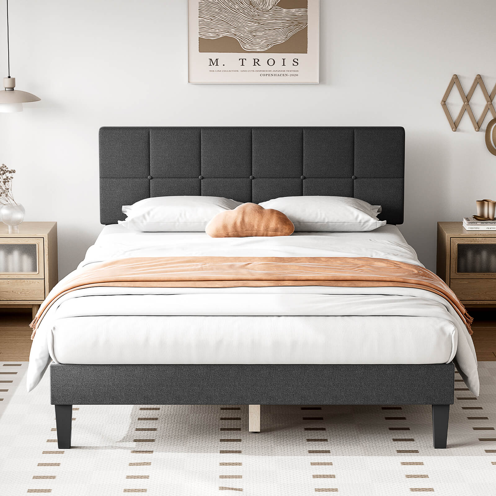 edx Platform Bed Frame with Headboard-No Box Spring Needed, Linen Upholstered Bed Frame with Wood Slats Support, Noise Free