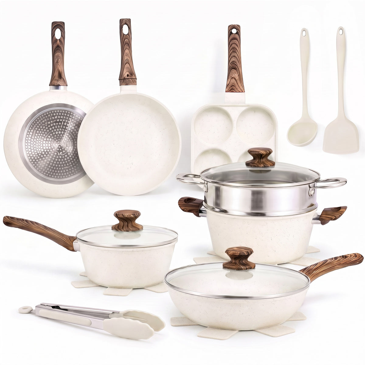 Gianna 17pcs Non-Stick Cookware Set, Pots and Pans Set with Detachable Handle for Kitchen