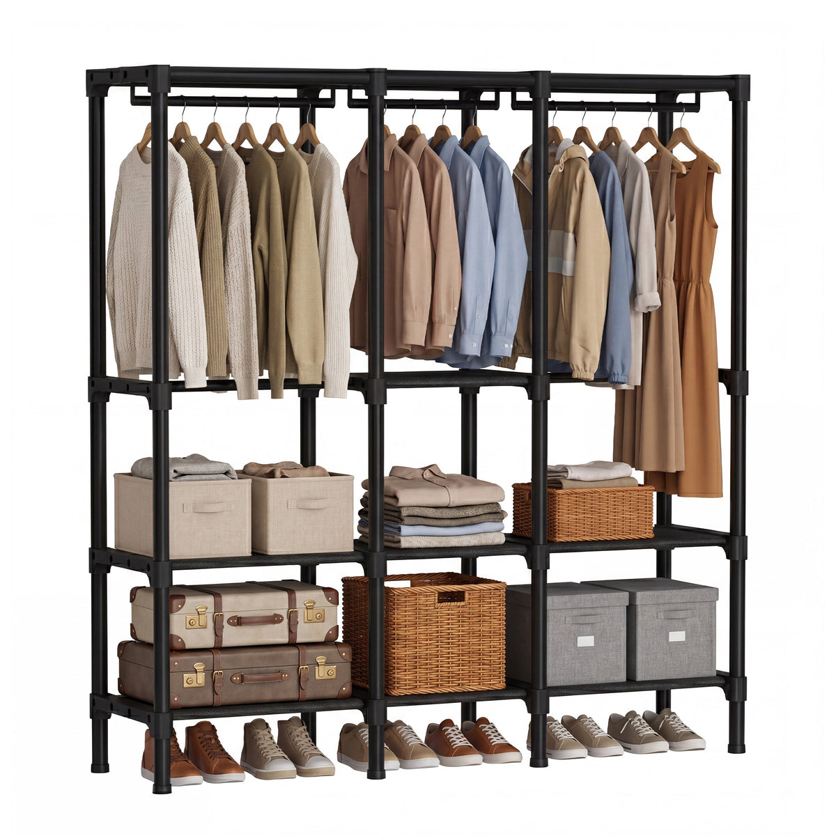 Gianna 3-Column Portable Closet Wardrobe, Heavy Duty Clothes Storage Organizer with Hanging Rods and Shelves for Bedroom, Living Room, Entryway