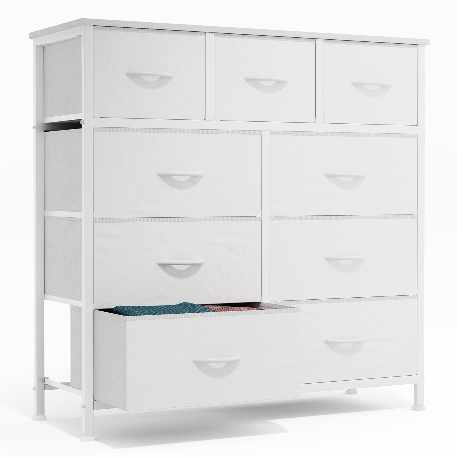 EDX 9 Drawer Dresser, Wide Chest of Drawers Nightstand Storage Tower Storage Fabric Dresser with Wood Top for Living Room, Bedroom, Hallway