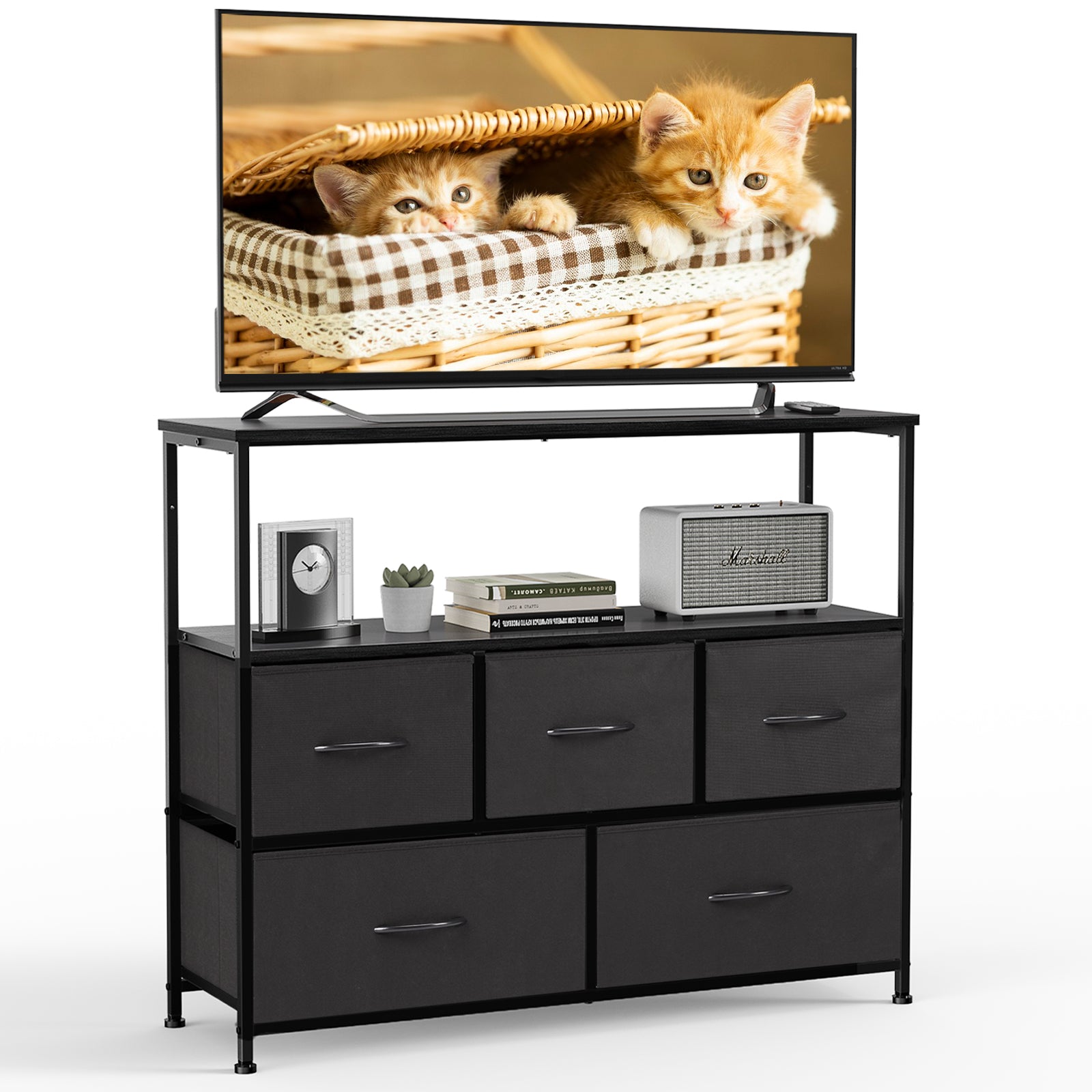 ZUNMOS TV Stand with 5 Drawer Dresser Open Shelves
