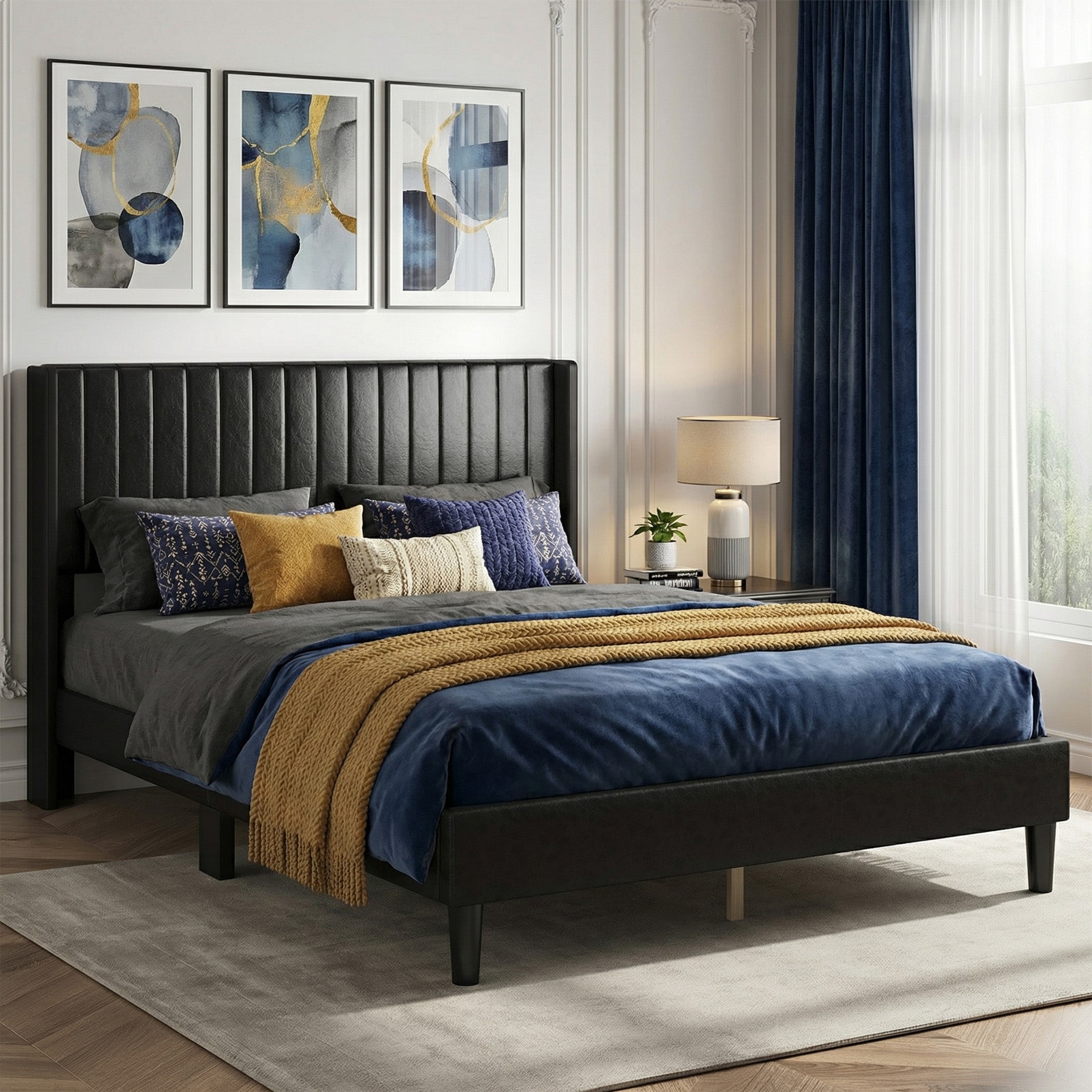 EDX Upholstered Platform Bed Frame with Padded Wingback Headboard, Modern Accent Bedroom Furniture