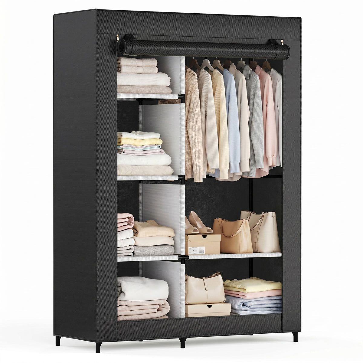 Gianna Portable Closet Wardrobe with Cover, 40 Inch Gray Heavy Duty Clothes Storage Organizer with Shelves and Hanging Rod for Bedroom, Living Room, Entryway