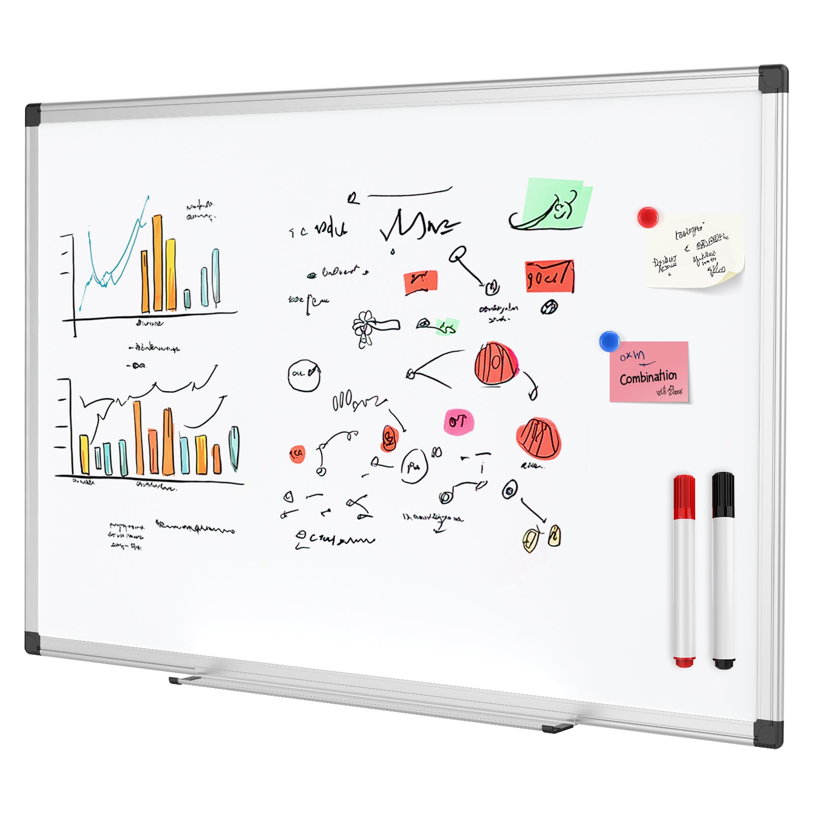 EDX Magnetic Dry Erase Board, 36 X 24 Inches, Two Mounting 0ptions, Horizontal or Vertical,With Left and Right Removable Pen Tray, Silver Aluminium Frame, White