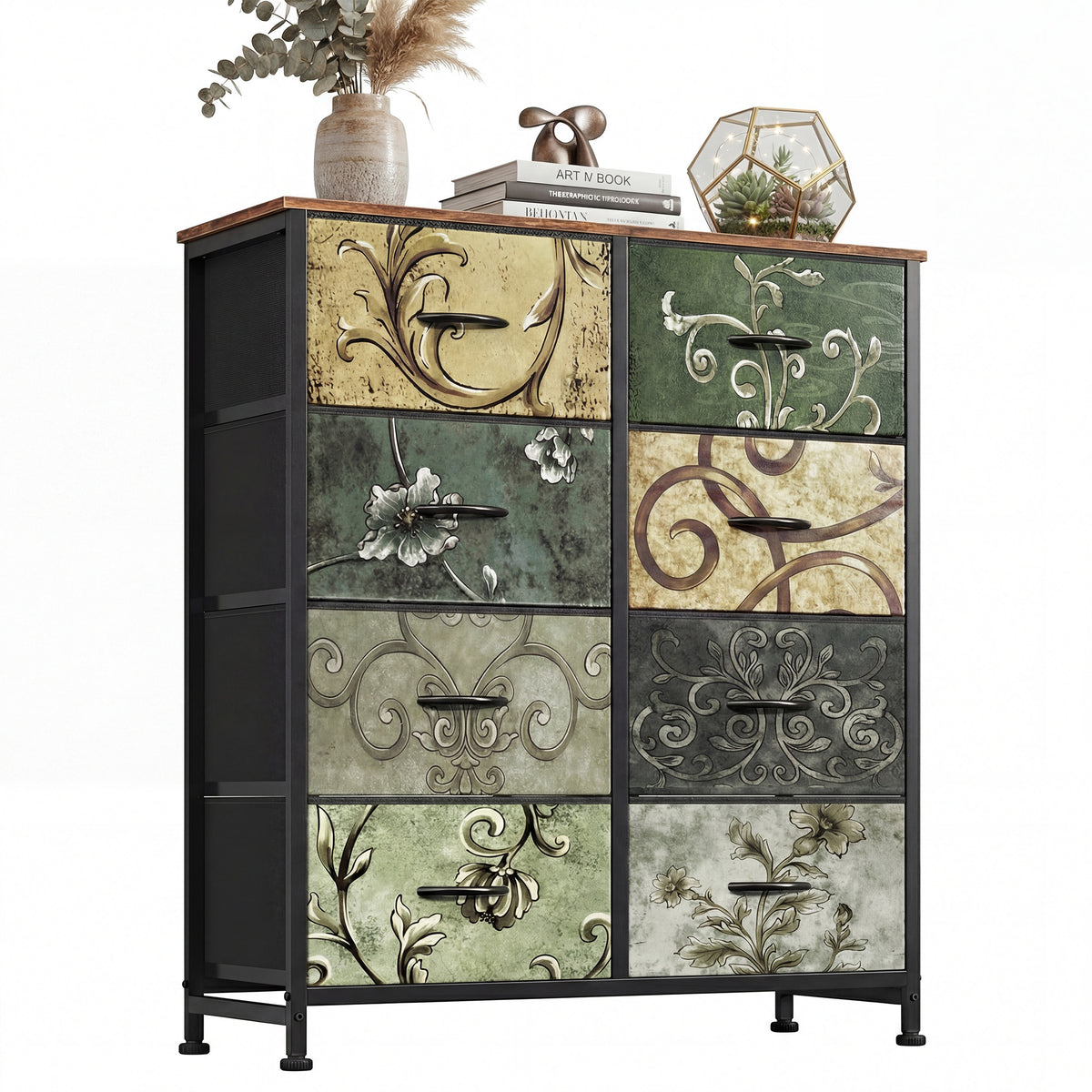 Gianna Fabric Dresser, Retro Flower Design, Sturdy Steel Frame, Wood Top, and Non Deformable Drawer Panels for Bedroom, Closet, Living Room, Hallway, Nursery