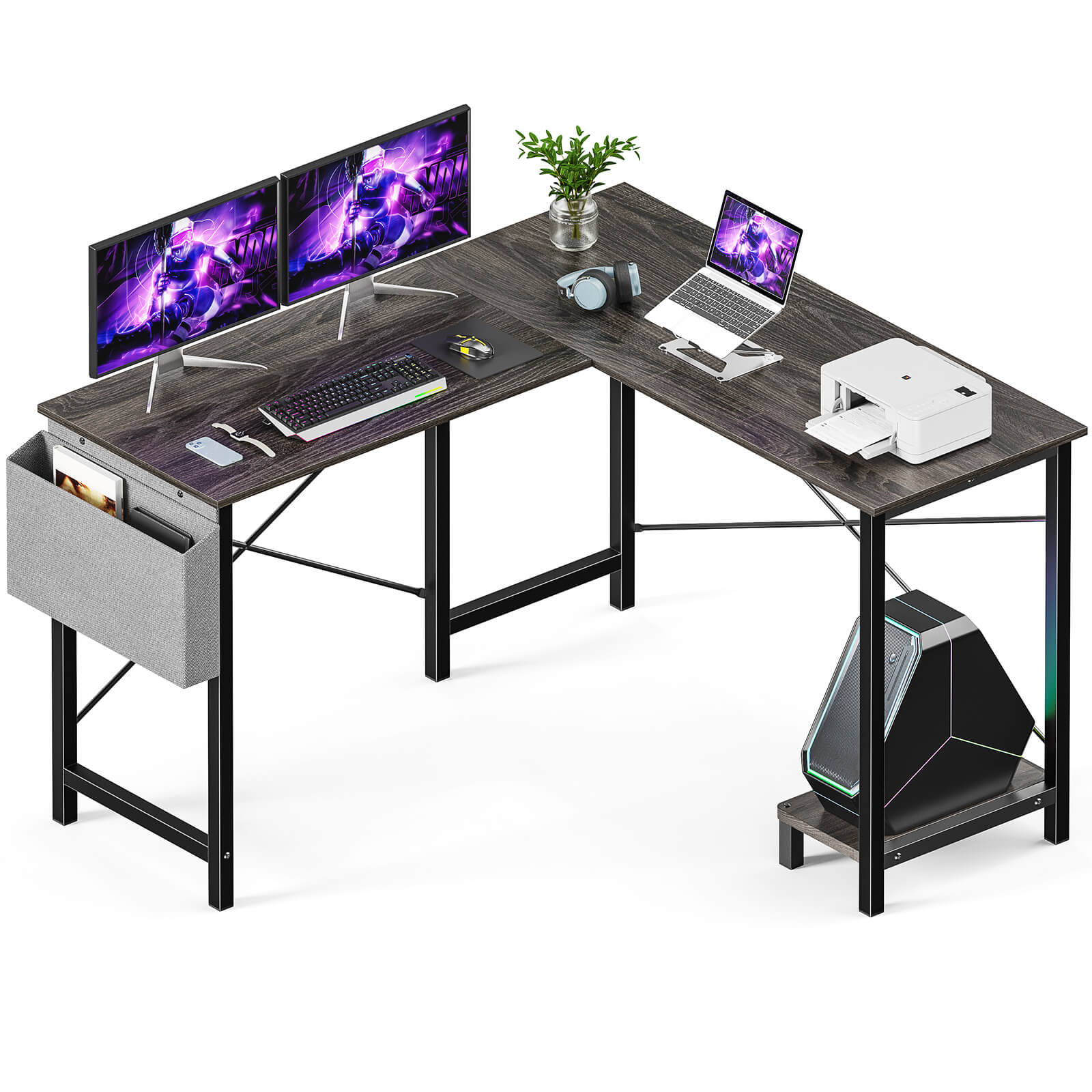 edx L-Shaped Computer Desk - 50" Corner Gaming Table with Console Shelf and Side Storage Pocket for Office, Bedroom, Living Room