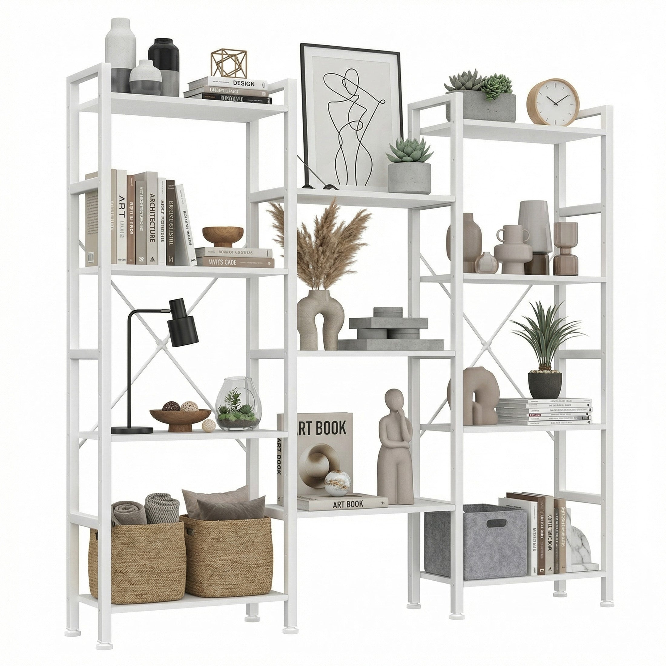 EDX Triple 4 Tier Bookshelf Storage Shelf, Modern Freestanding Bookcase with Metal Frame, Open Display Shelves, Space Saving Storage Organizer