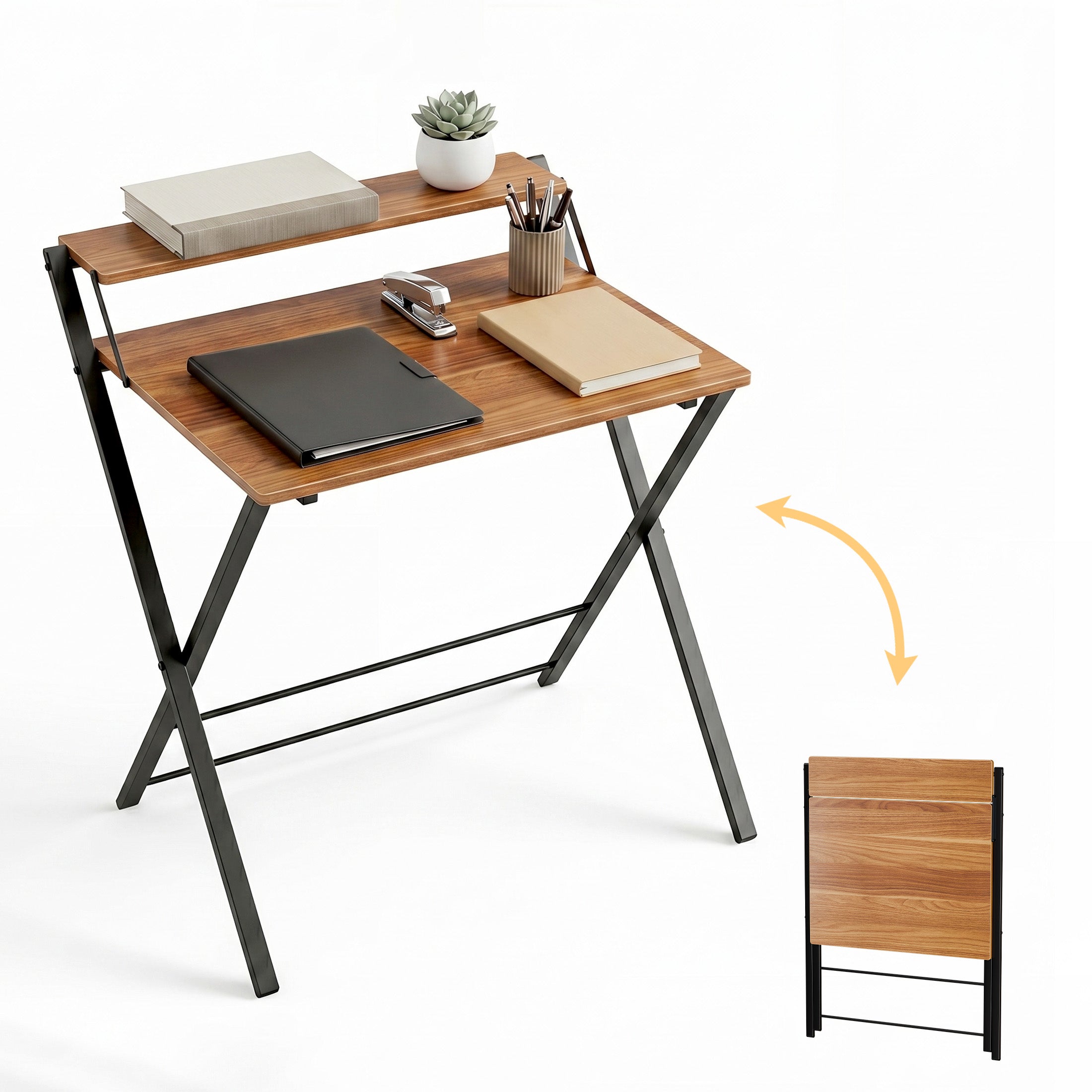 EDX Small Folding Desk with Shelf, No Assembly Compact Computer Table for Narrow Spaces, Portable Study Workspace for Bedroom and Office