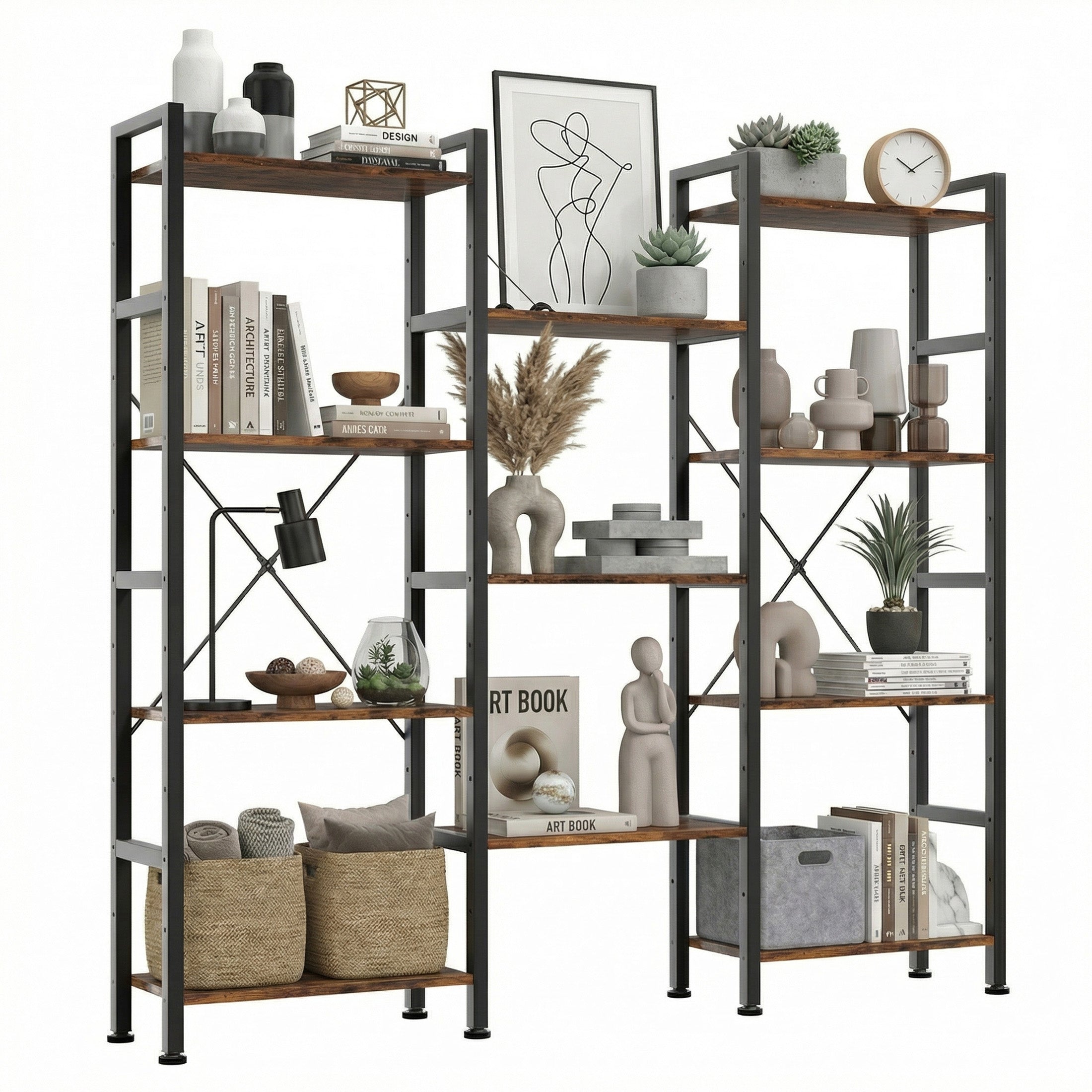 EDX Triple 4 Tier Bookshelf Storage Shelf, Modern Freestanding Bookcase with Metal Frame, Open Display Shelves, Space Saving Storage Organizer
