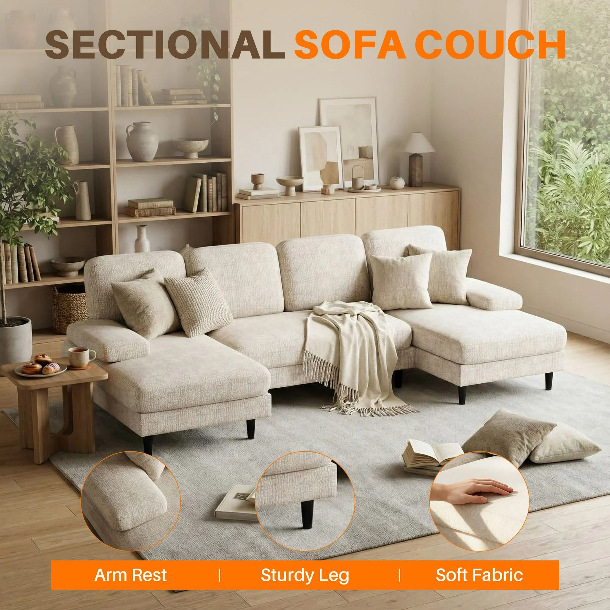 edx 6 Seat Sofa Couch for Living Room, Linen Fabric U-Shaped Sofa Bed with Removable Pillows for Home and Apartment