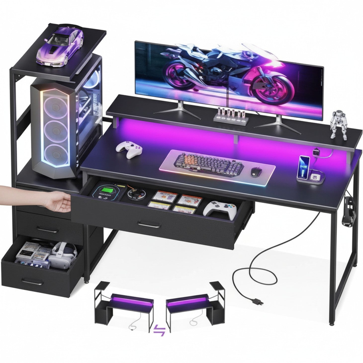 Edx Gaming Desk with Hutch & 3 Fabric Drawers, Computer Desk with USB Ports & LED Lights, Reversible Pc Gamer Table with Monitor Stand for Home Office