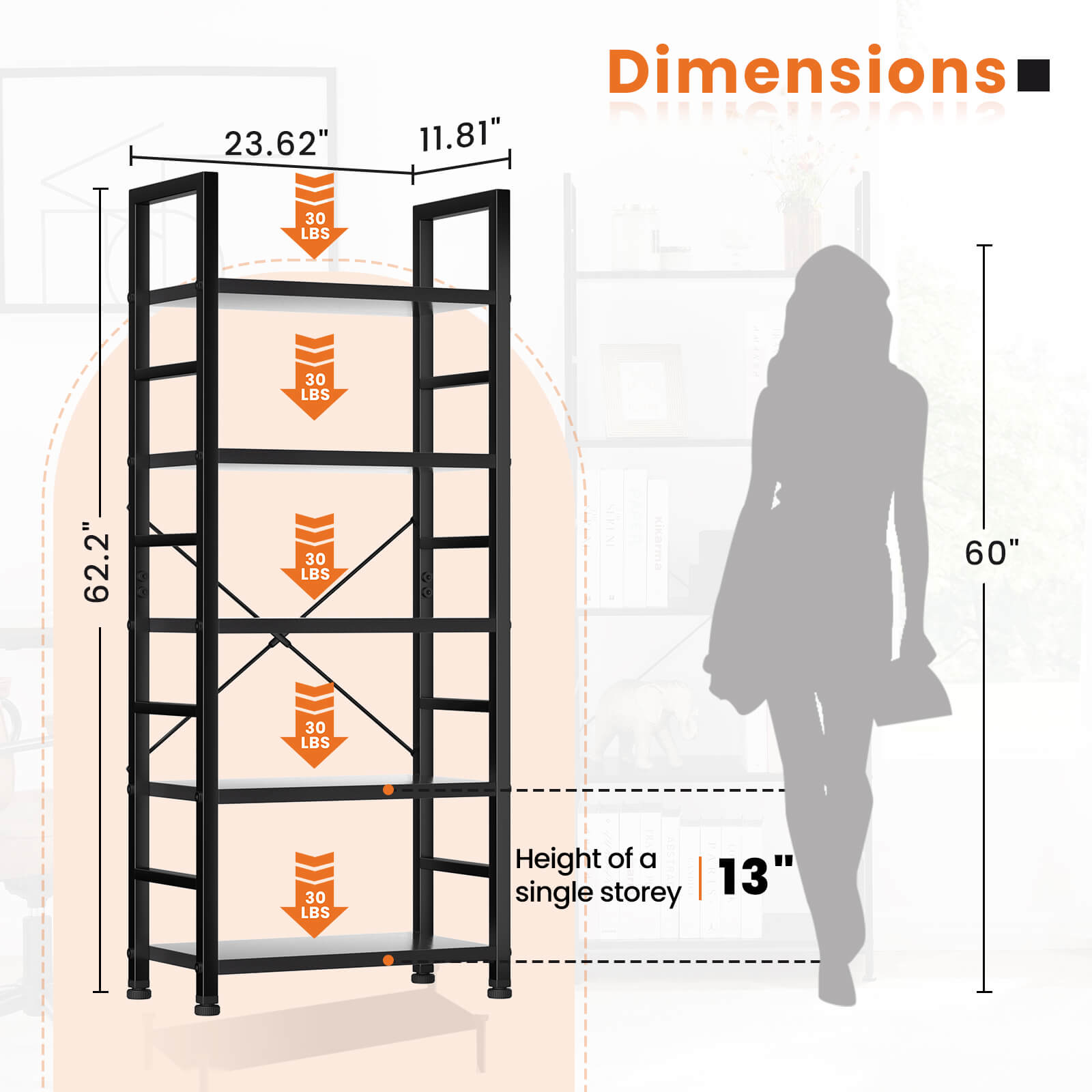 5-Tier Bookcase - Tall Bookshelf Modern Book Case for Books, Garage Kit, CDs, Movies, for Bedroom Home Office Kitchen Living Room