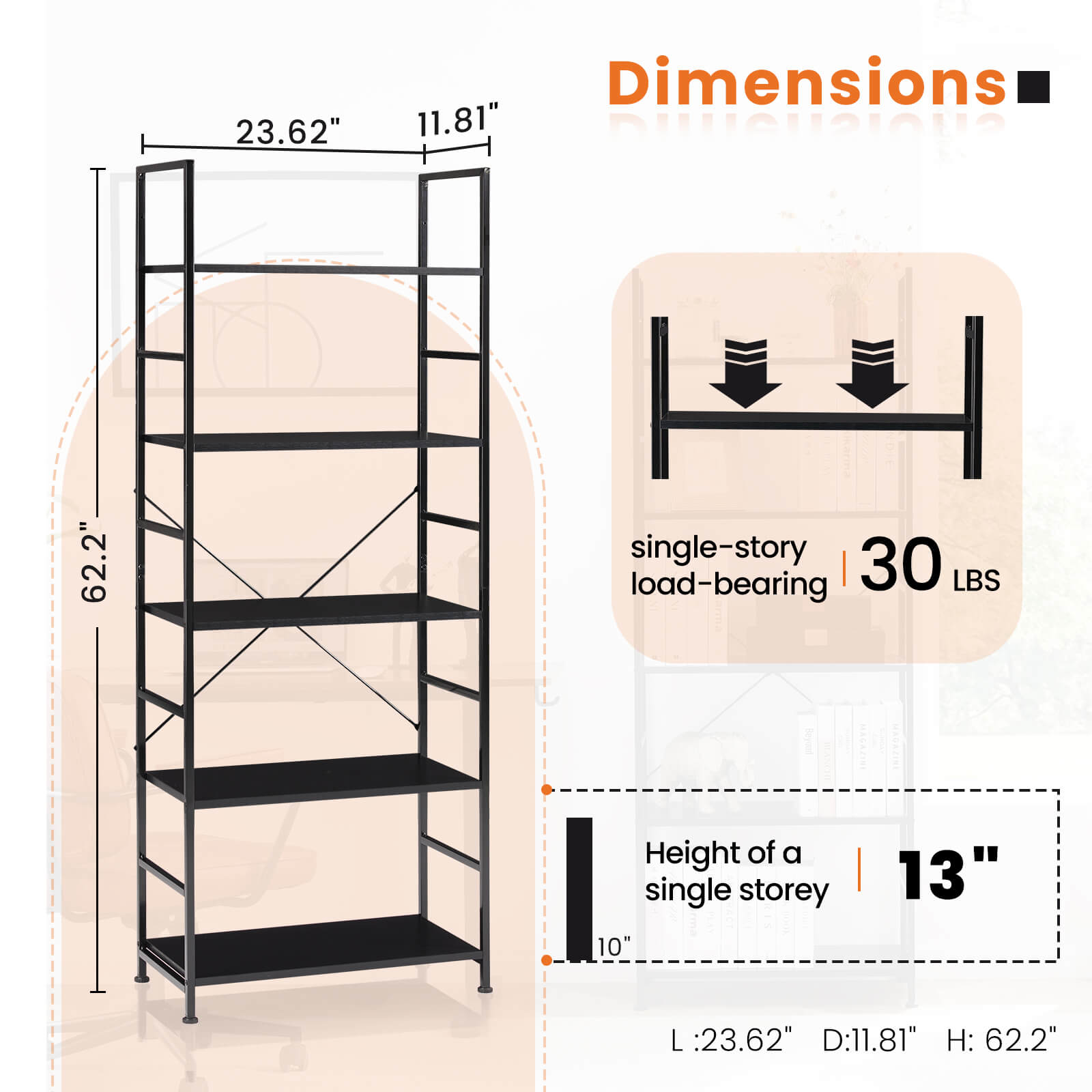 5-Tier Bookcase - Tall Bookshelf Modern Book Case for Books, Garage Kit, CDs, Movies, for Bedroom Home Office Kitchen Living Room