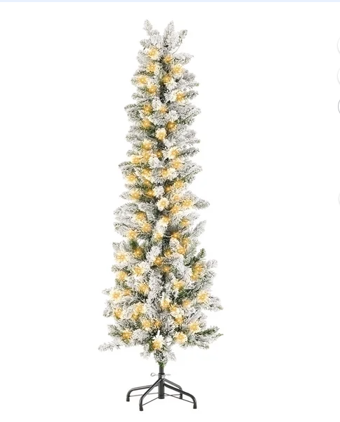 Gianna Pre-lit Snow Flocked Pencil Christmas Tree, Prelighted Artificial Slim Christmas Trees, With ncandescent Lights, Branch Tips & Foldable Base, For Home, Office, Party Decoration
