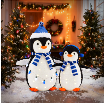 Gianna Lighted Penguin Family 2-Piece Set, Collapsible Christmas Decor with 150 LED Lights, Indoor Outdoor Ornament for Yard, Lawn, Patio
